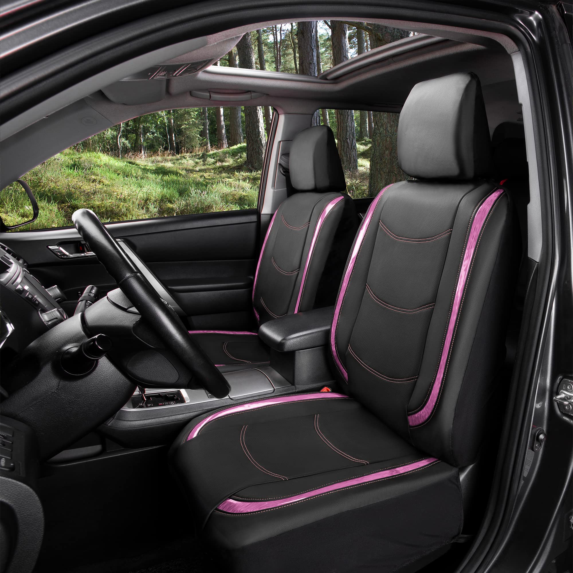 TLH Automotive Pink Galaxy13 Metallic Striped Deluxe Leatherette Car Seat Covers - Universal Fit for Most Cars, Trucks, SUVs & Vans - Built-in Pockets & Anti-Slip Protection - Perfect for Daily Commute, Road Trips & Car Interior Protection
