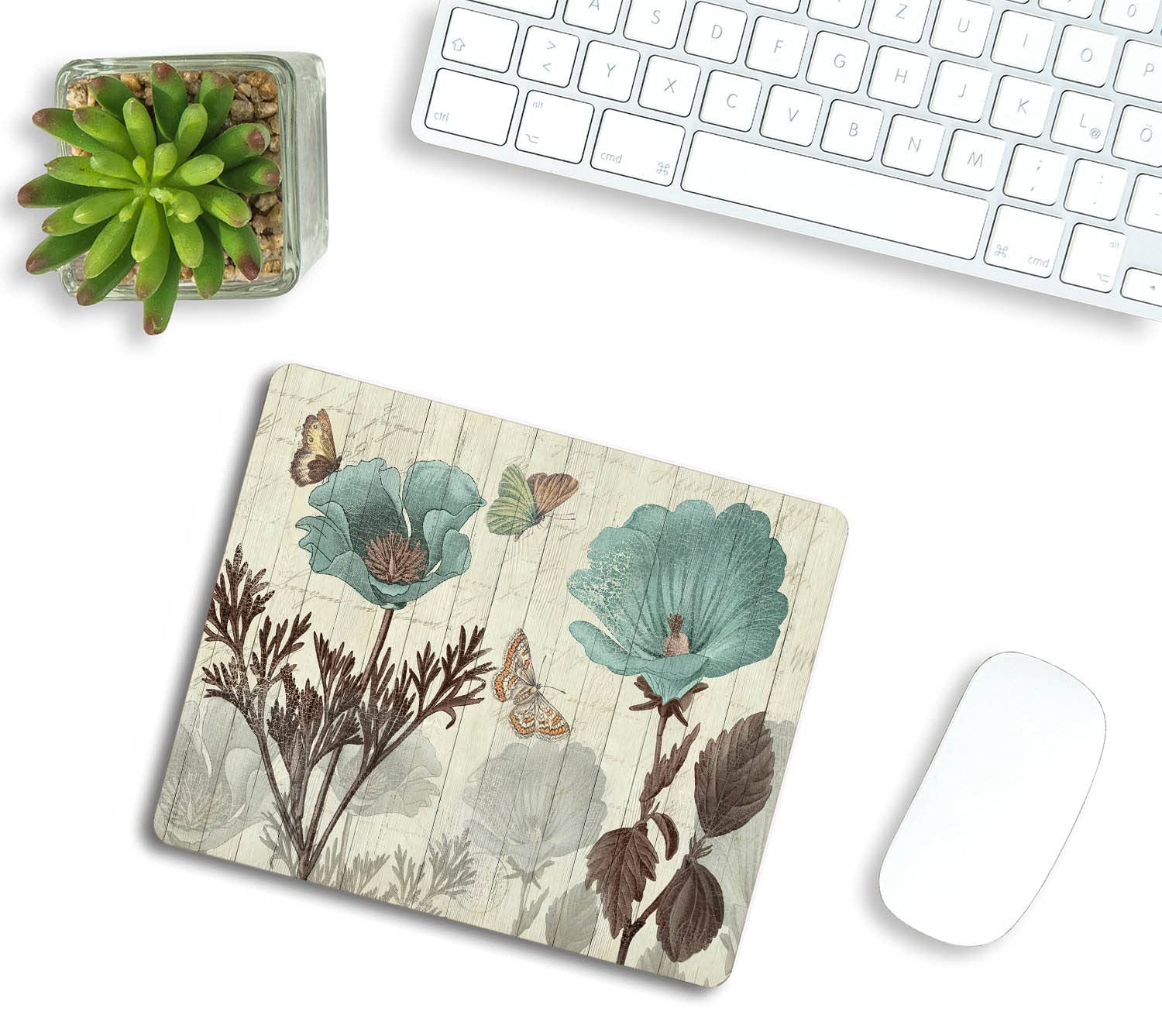 Custom Blue Flowers & Butterflies Gaming Mouse Pad - Non-Slip Rubber Base Office Mouse Mat 9.5