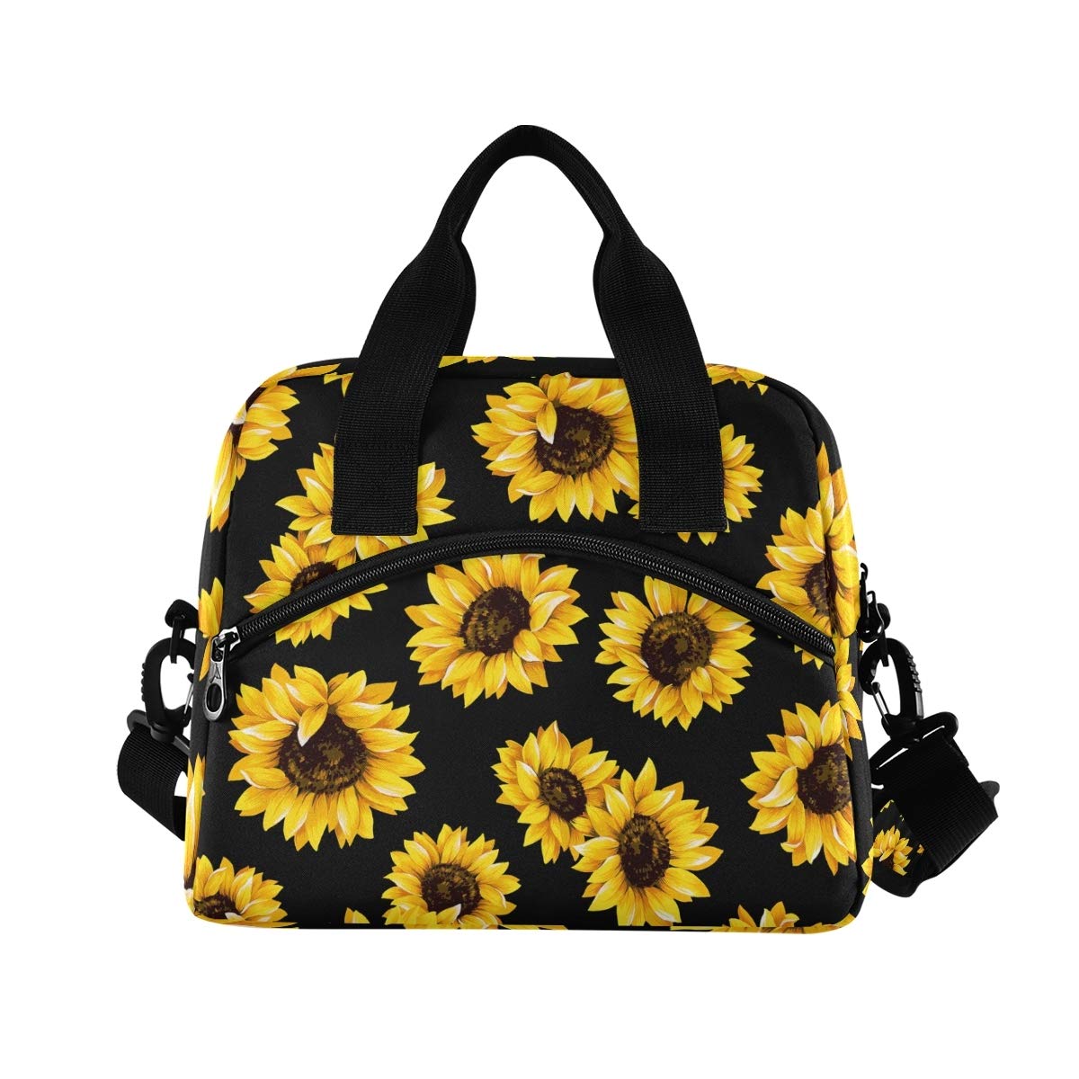 **Insulated Lunch Bag with Shoulder Strap - Reusable Cooler Tote for School, Work & Outdoor Picnics - Black Sunflower Design for Women, Men & Kids**