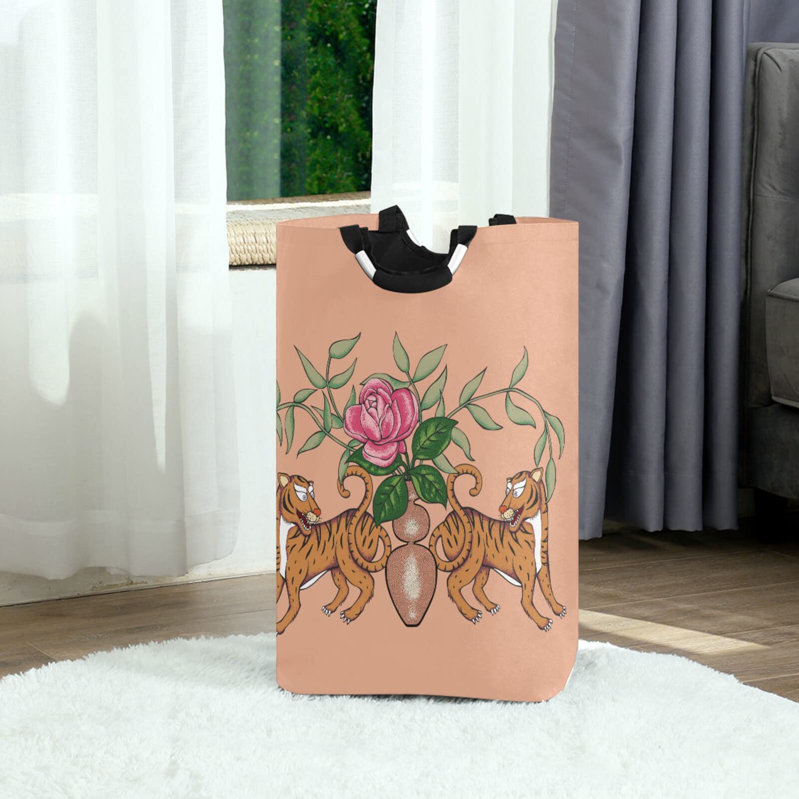 Susiyo Tigers with Flower Vase Chinoiserie Laundry Basket - Large Collapsible Freestanding Storage Hamper with Thick Handles for Bathroom, Dorm, Toys & Clothing Organization - Perfect for Home Decor, Laundry Room, and Bedroom Storage