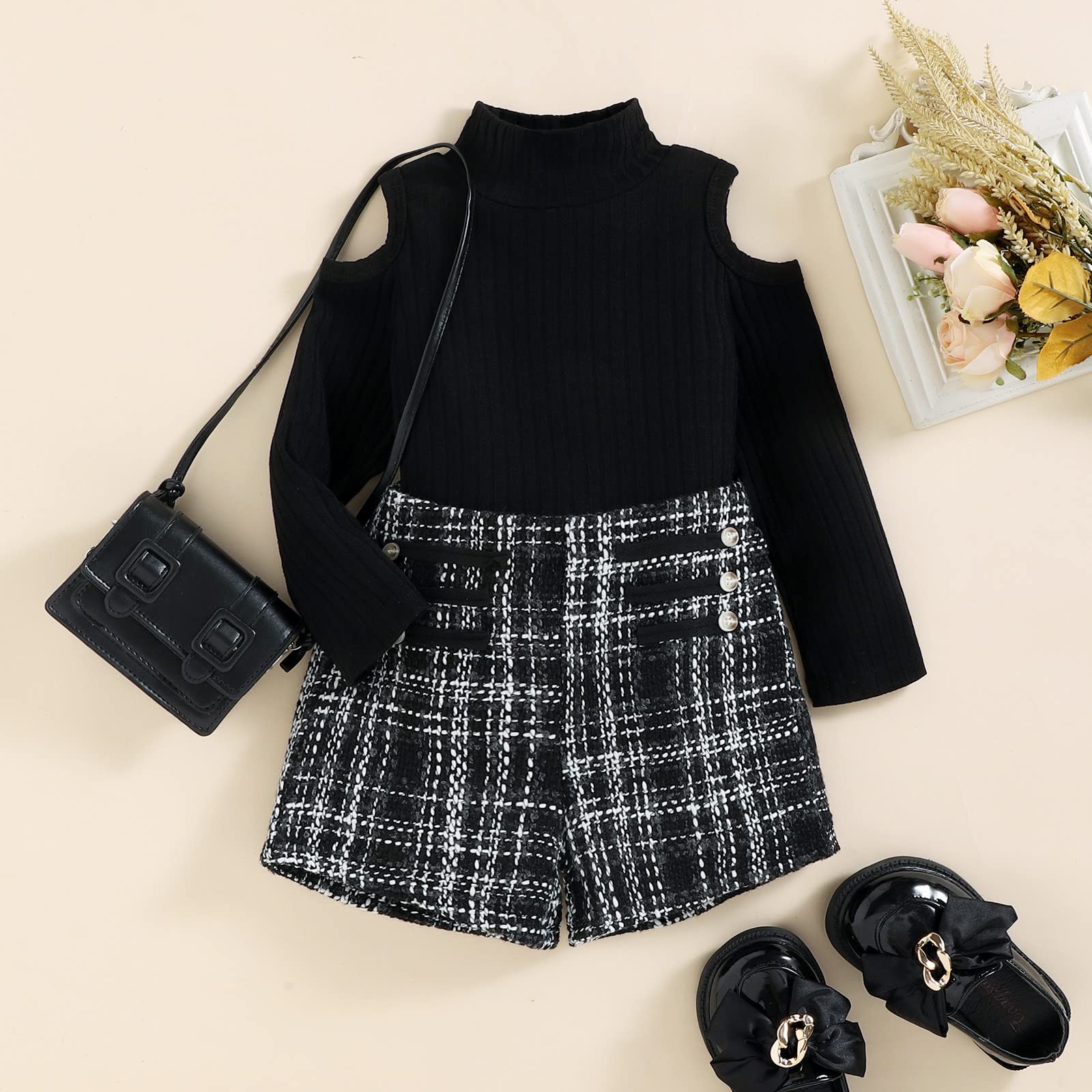 Girl's Solid Color Long Sleeve Turtleneck Knit Sweater & Mini Skirt Set - Black Fall Winter Outfit for 5-6 Years | Cute Toddler School & Holiday Party Clothes