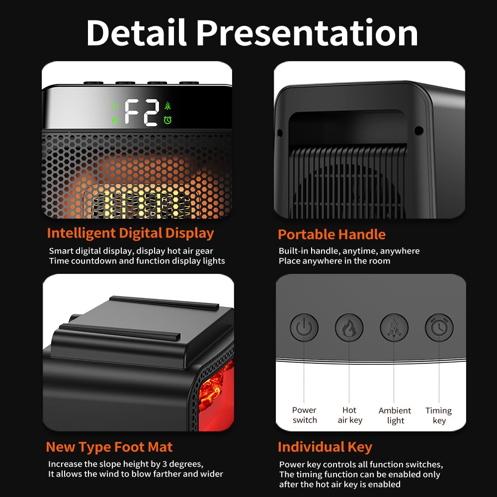 1000W Fast Ceramic Space Heater for Indoor Use - 2 Heating Modes & High Wind Capacity - 7 Safety Protections with 1-8 Hour Timer - Perfect for Bathroom, Bedroom & Office - Compact Mini Electric Heater for Winter Warmth & Energy Efficiency