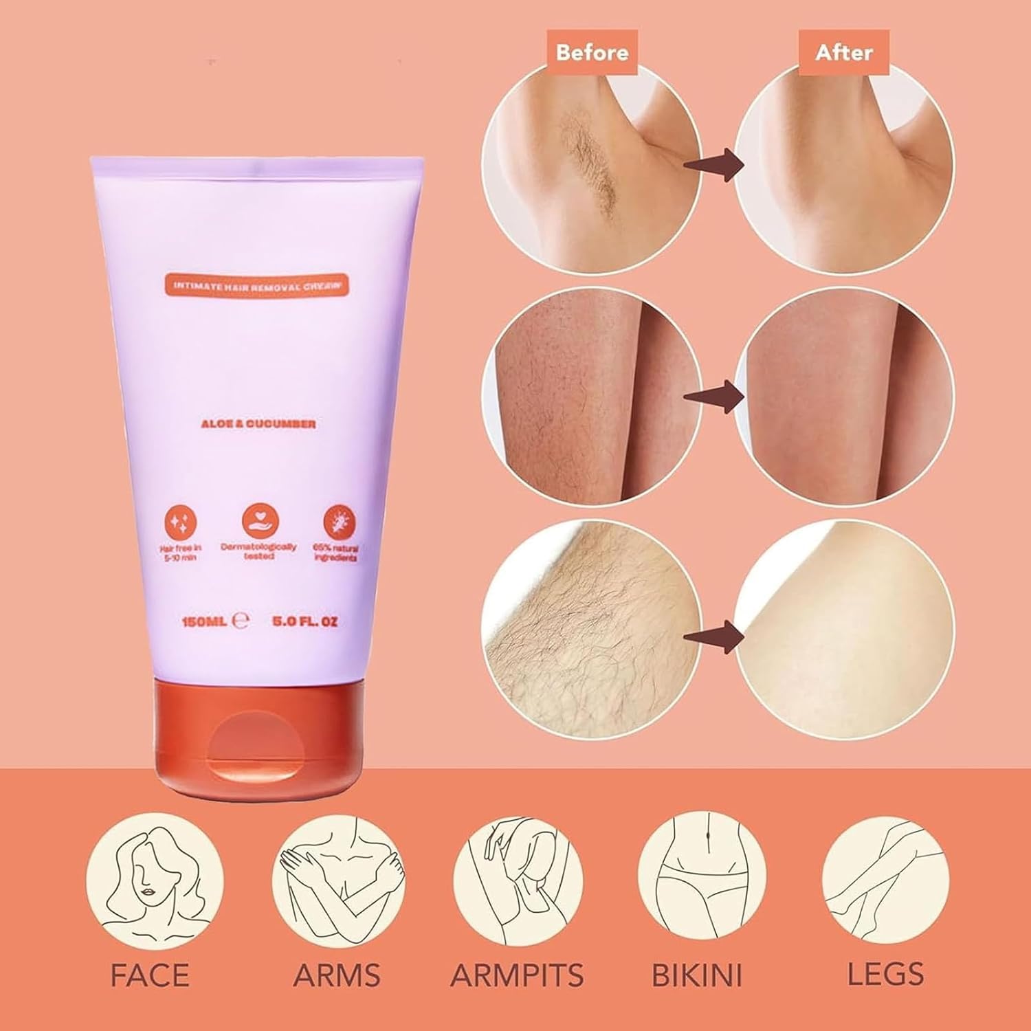 Bye Bye Bush Hair Removal Cream - Gentle Formula for Face, Legs, Underarms & Bikini Area - 5.0 fl oz/150 mL - Painless Pubic & Intimate Hair Removal - Perfect for Smooth Skin Before Beach, Pool, or Date Night