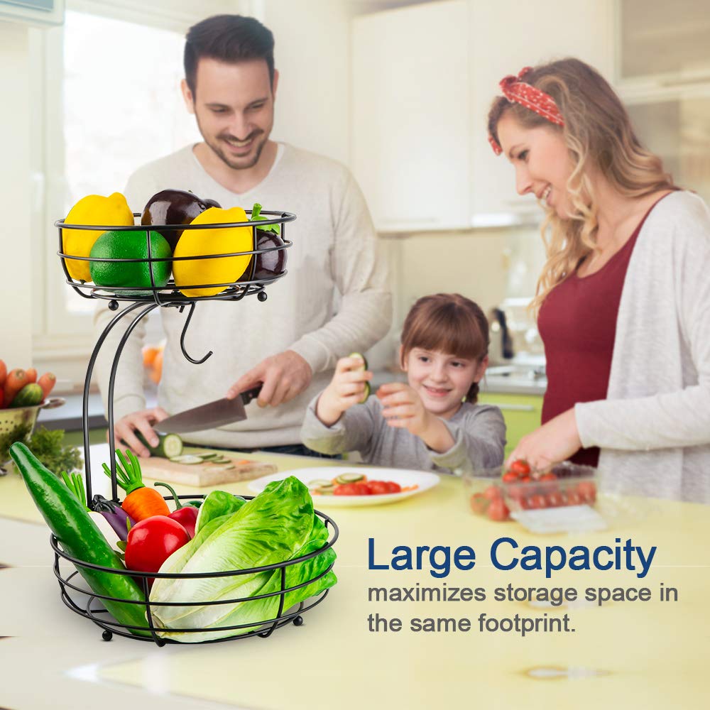 Premium 2-Tier Metal Fruit Basket with Banana Hanger - Kitchen Countertop Organizer for Fruits, Vegetables, Eggs & Bread - Space-Saving Storage Solution for Small Kitchens & Dining Tables (Black)