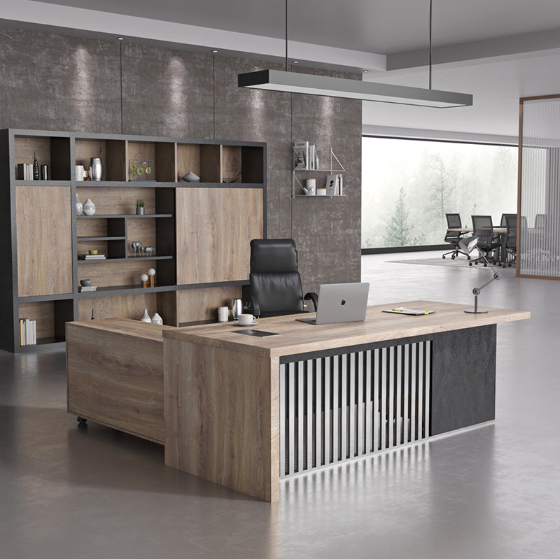 AFTAN 180cm Executive Desk with Pedestal & Right Mobile Return - Warm Oak & Black Finish - Modern Home Office Furniture for Professionals & Remote Work