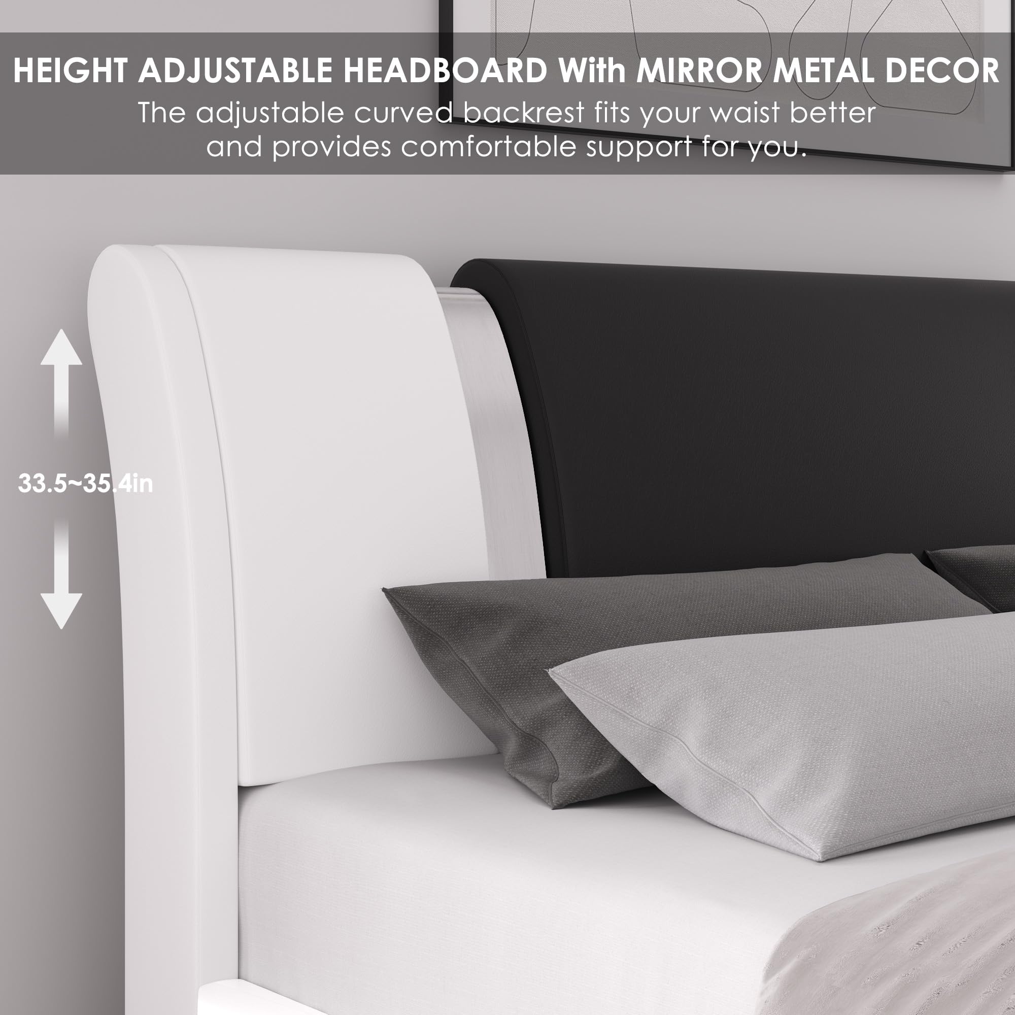 Keyluv Modern Faux Leather Upholstered Queen Size Bed Frame with Mirror Metal Headboard - Wooden Slats Support, No Box Spring Needed, White & Black - Perfect for Contemporary Bedrooms and Guest Rooms
