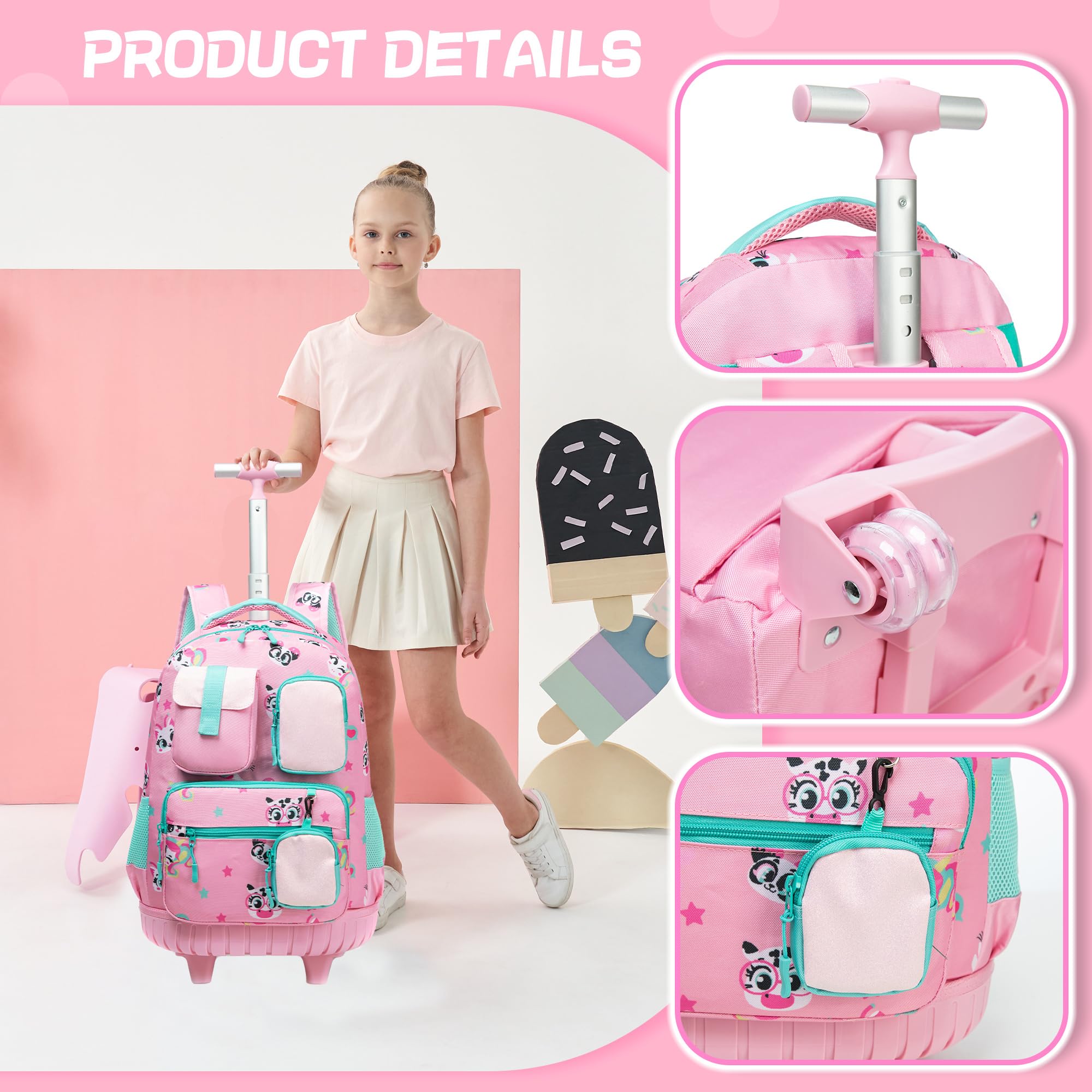 **Meetbelify Rolling Backpack for Girls - Cute Cat Wheeled Backpack with Lunch Box & Pencil Case | Kids Carry-On Luggage for Ages 8-10 | School Supplies & Travel Suitcase for School, Trips & Daily Use**
