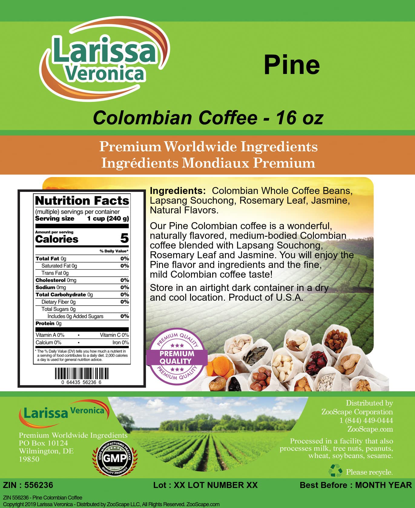 Premium Colombian Pine Gourmet Coffee - 100% Arabica Whole Coffee Beans, Naturally Flavored, 16oz Bag (ZIN: 556236) - Perfect for Home Brewing, Office Use & Gift Giving