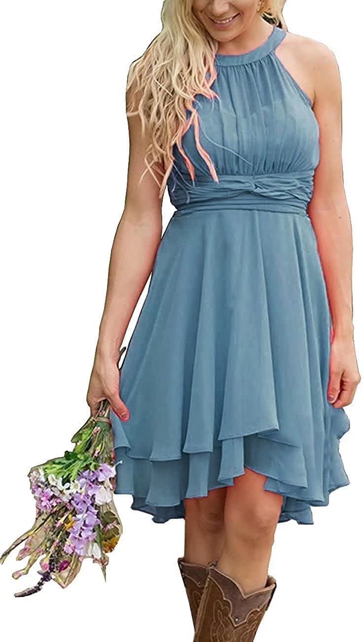 Western Chiffon Bridesmaid Dress for Women - Halter Neckline Dusty Blue Wedding Guest Dress Size 16 | Perfect for Country Weddings, Bridal Showers & Formal Events