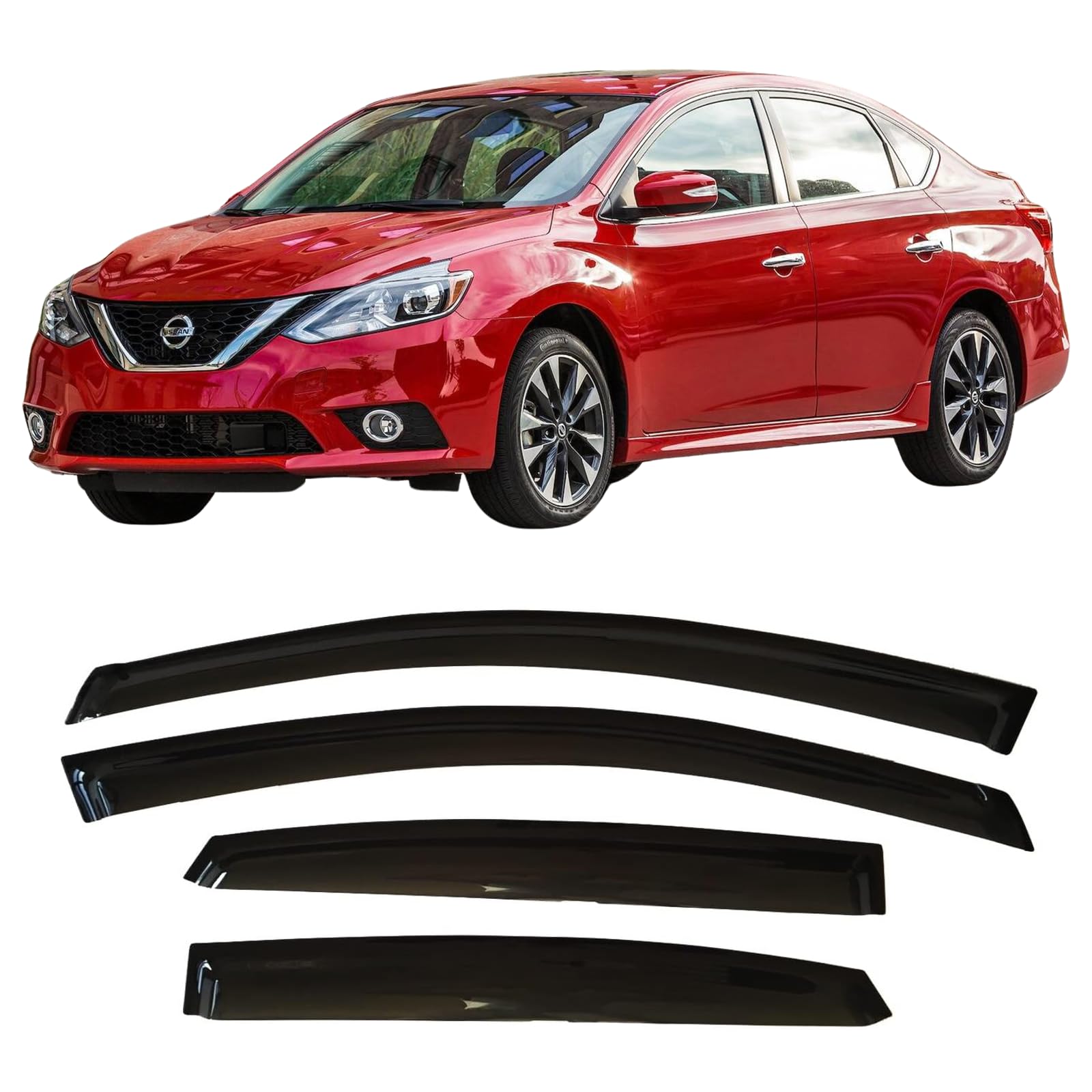 2013-2019 Nissan Sentra Side Window Deflectors - Smoke Tinted Tape-On Rain Guards & Vent Shades for S/SV/SR Models (2014-2018) | Reduce Wind Noise & Keep Rain Out While Driving