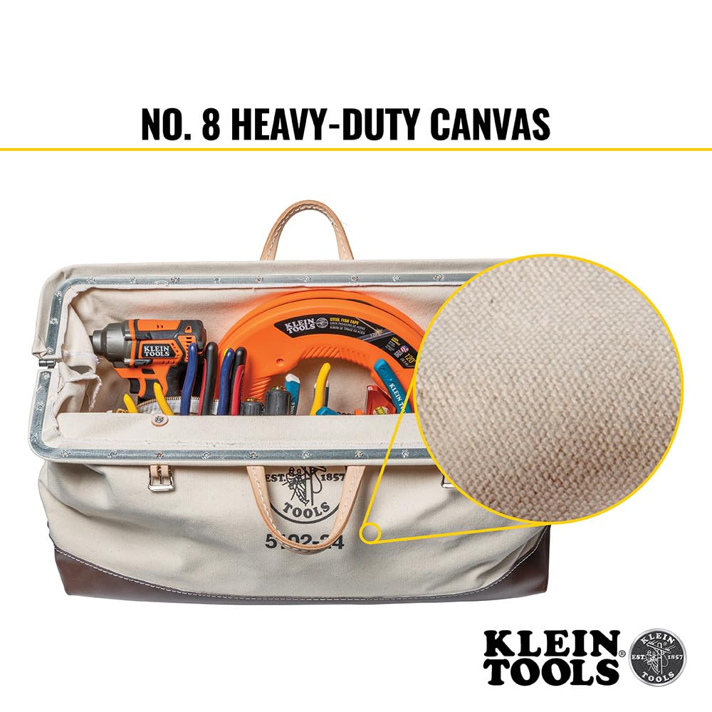 Klein Tools 5102-24 Heavy Duty Canvas Tool Bag - 24-Inch Professional Tool Tote with Wide Hinged Opening & Leather Handles - Ideal for Electricians, Contractors & DIY Projects