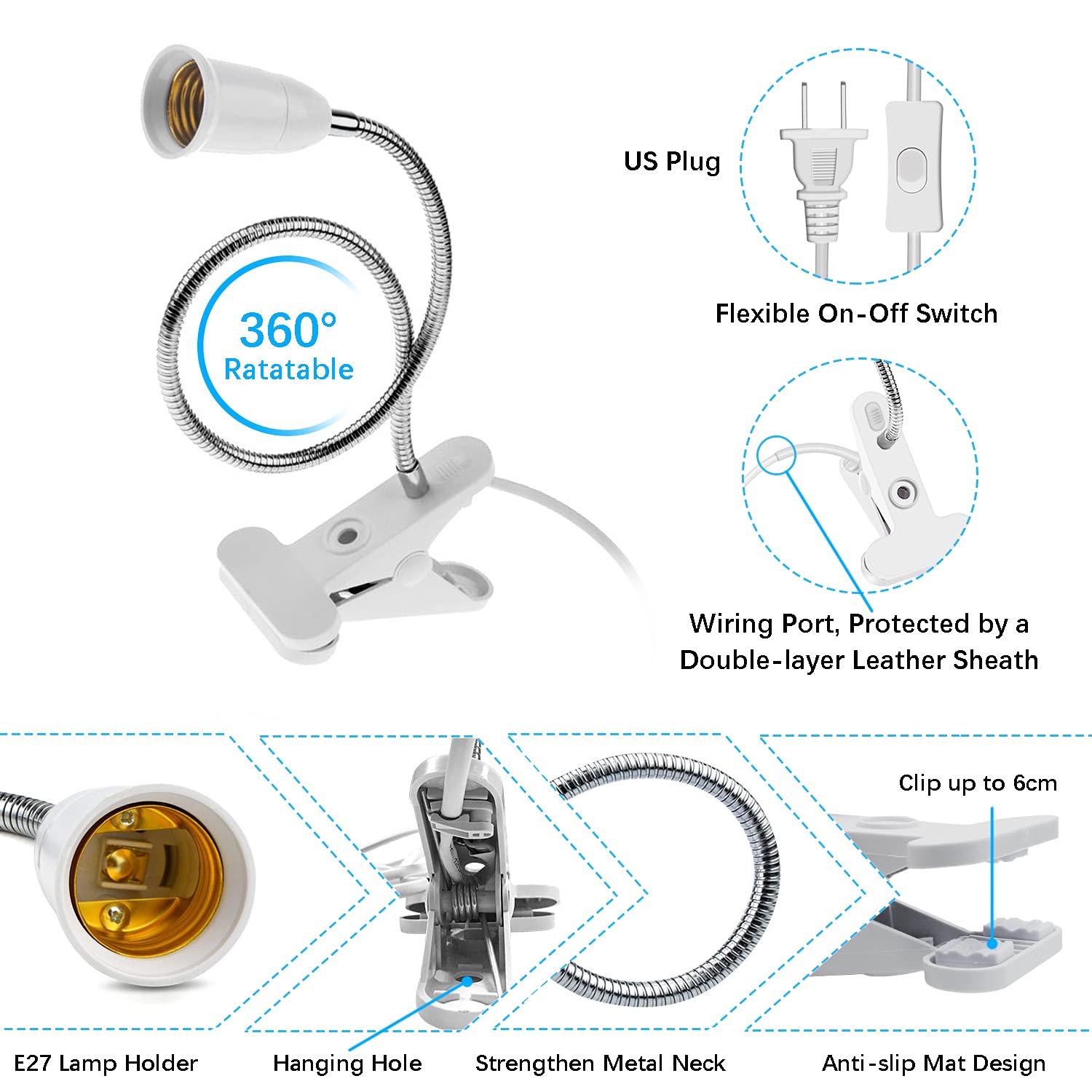 2-Pack Aluminum Wire Neck Clip Light Socket with Switch & 6.8ft Cable - Adjustable E26/E27 Desk Clip Lamp Holder for Aquarium, Plant Growth & Workspace Lighting