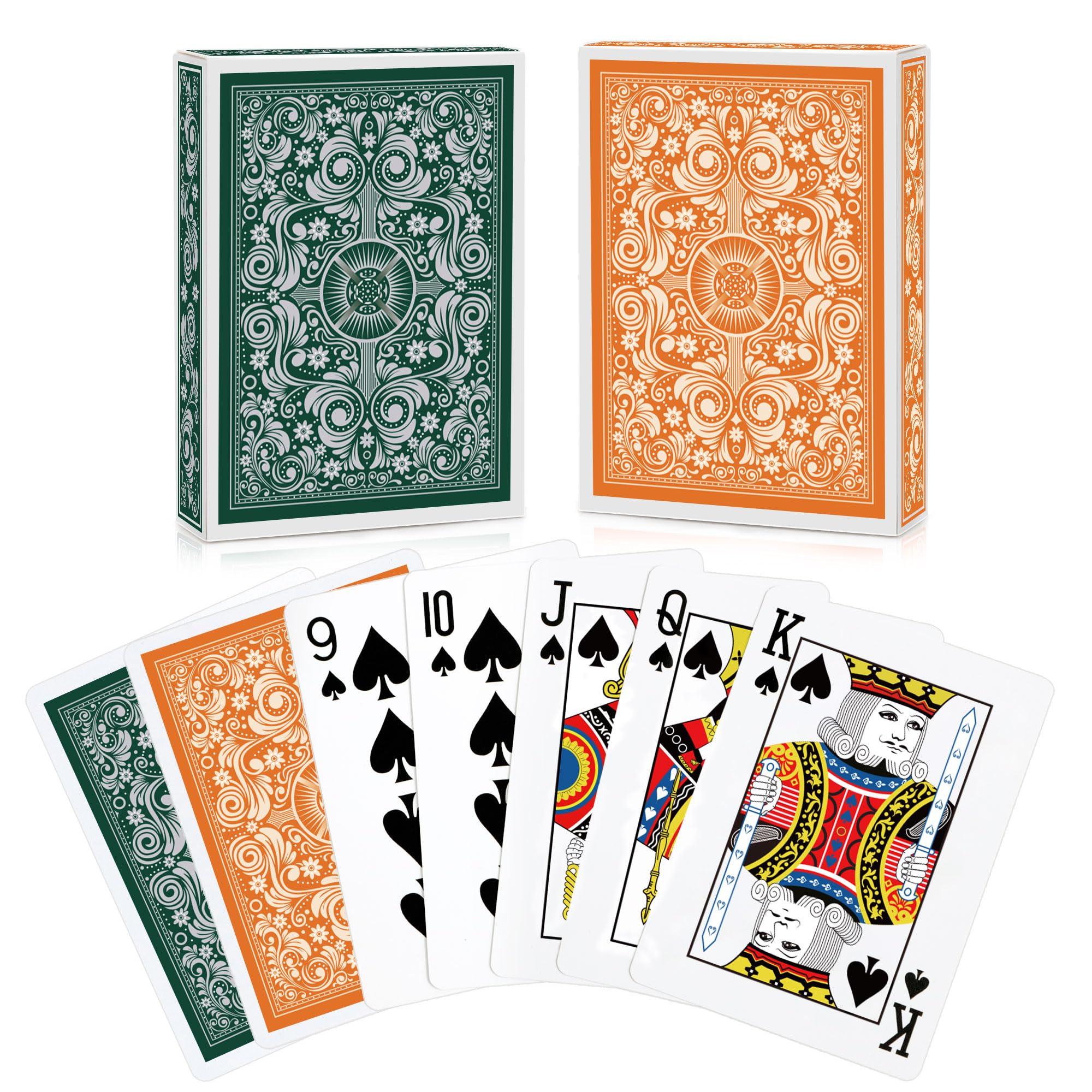 Premium 2-Pack Playing Cards Set - Professional Poker Cards for Adults, Game Night & Parties - Standard Deck of Cards for Blackjack, Poker & Casino Games - Durable Green & Orange Fun Cards (Great for Family Gatherings, Travel & Magic Tricks)