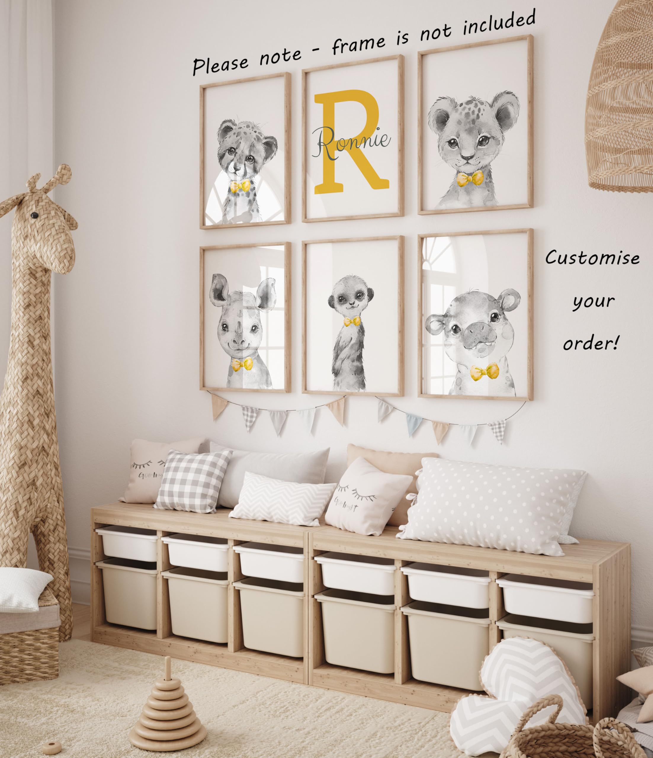 Personalized Safari Animal Nursery Wall Art - Set of 6 Unframed Posters (12x16) with Custom Name for Baby Boys Room Decor - Elephant, Giraffe, Lion, Zebra in Blue, Green & Yellow Bow Ties - Perfect Baby Shower Gift & Jungle-Themed Bedroom Decoration
