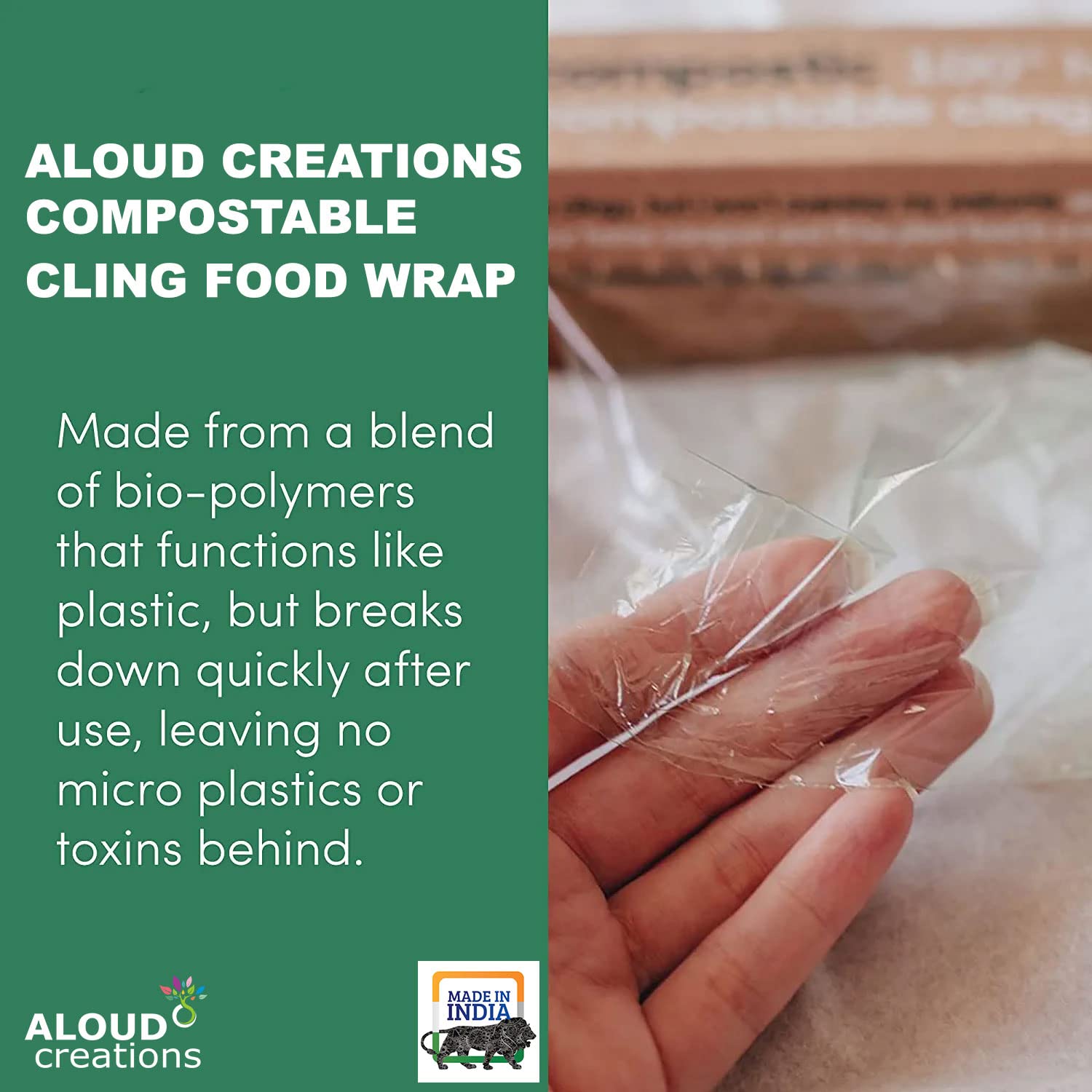 ALOUD CREATIONS Eco-Friendly Compostable Food Wrap - Biodegradable Cling Film for Fresh Food Storage & Packing | 30 Meters (98.4 Feet) | 1-Pack | Perfect for Meal Prep, Picnics & Leftovers