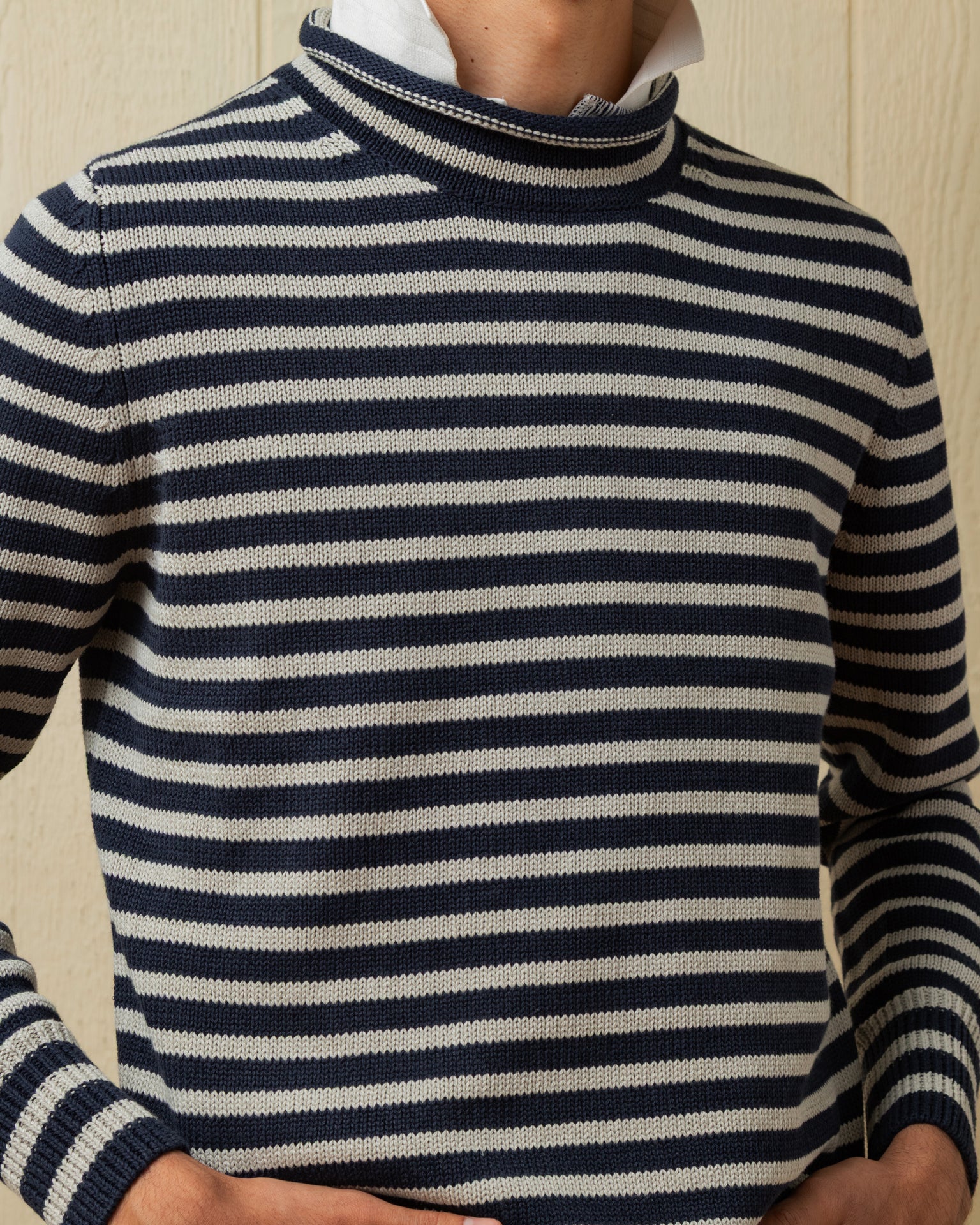 Premium Cotton Linen Blend Fisherman's Sweater - Navy & Grey Striped Pullover for Men | Cozy Casual Wear for Fall, Winter & Outdoor Activities