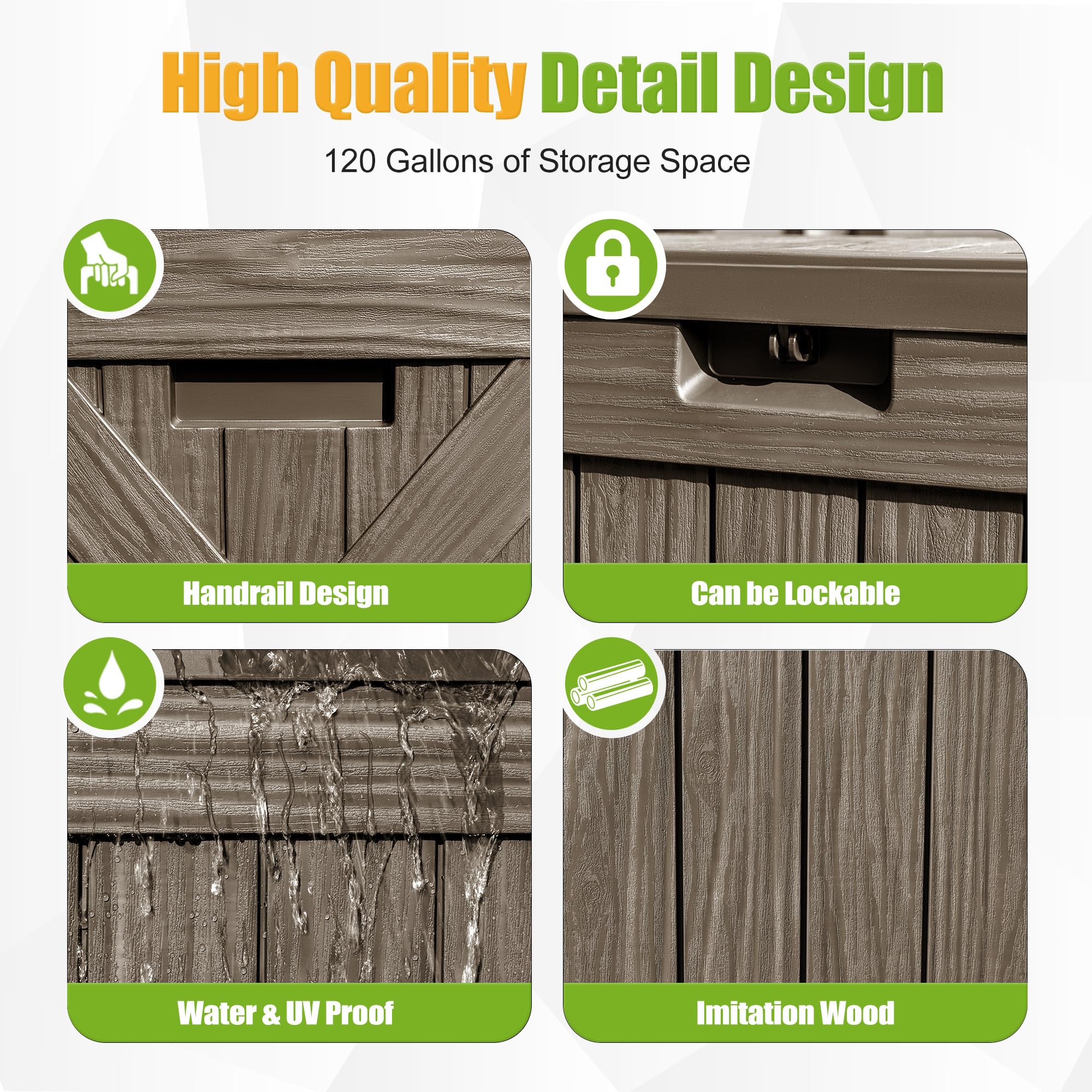 Flamaker 120 Gallon Waterproof Resin Deck Storage Box - Large Outdoor Indoor Deck Box with Wood Grain Finish for Patio Furniture, Garden Tools & Pool Accessories (Brown) | Perfect for Backyard, Deck, Poolside & Garage Organization