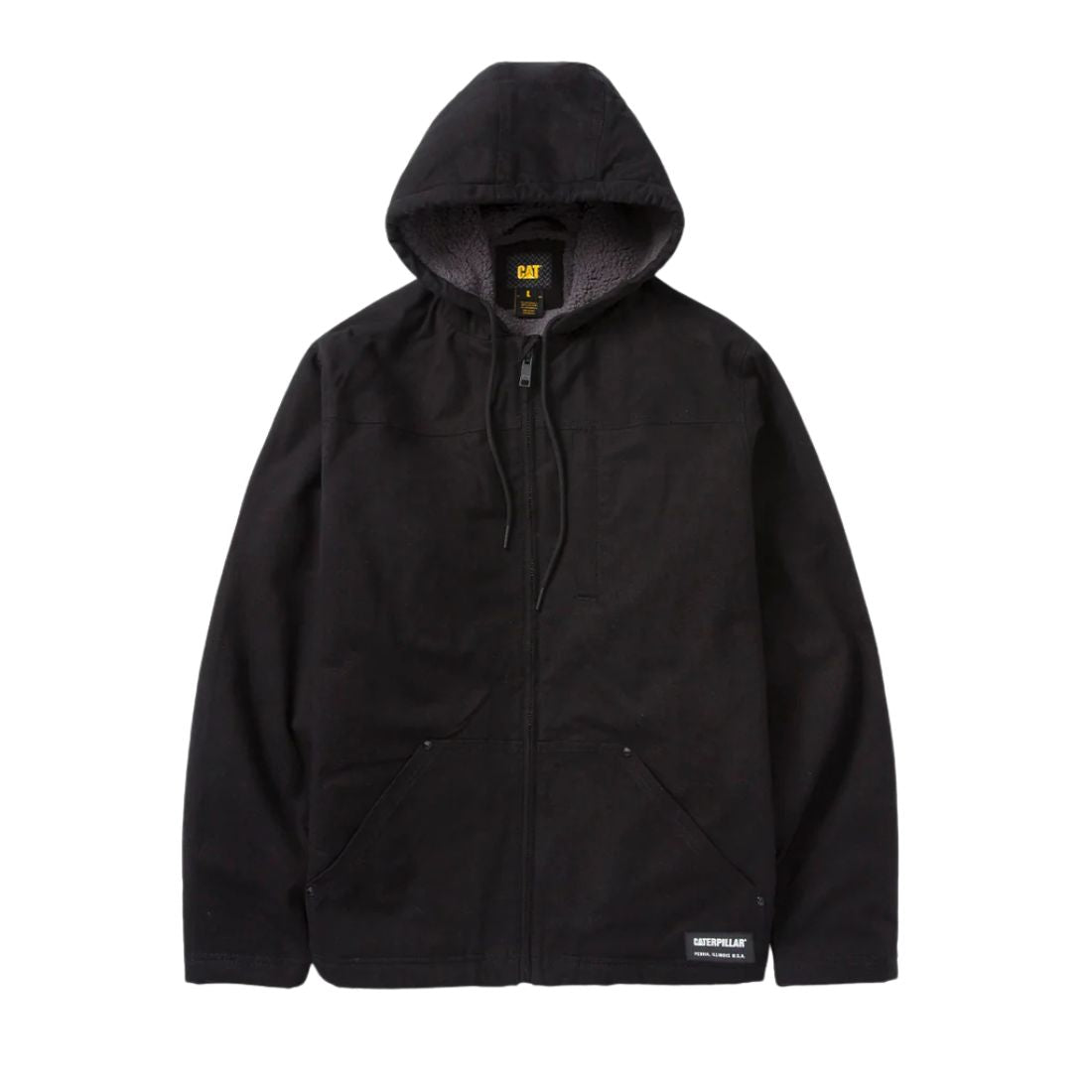 CAT Men's Hooded Sherpa Lined Jacket - Winter Work Jacket with Fleece Lining, Water-Resistant Outer Shell - Ideal for Construction, Outdoor Work & Cold Weather Activities (Black, Style 1040041)