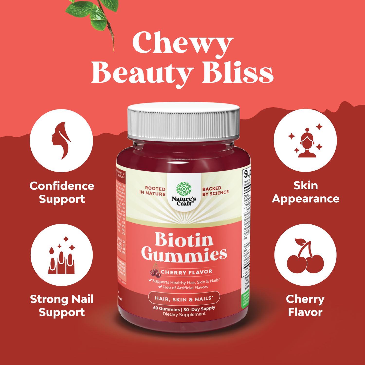 Natural Biotin Gummies for Hair Growth & Healthy Skin - Biotin Vitamins for Hair, Skin & Nails - Vegan Supplement for Women & Men with Pantothenic Acid - Perfect for Daily Beauty Routine & Thicker Hair Care