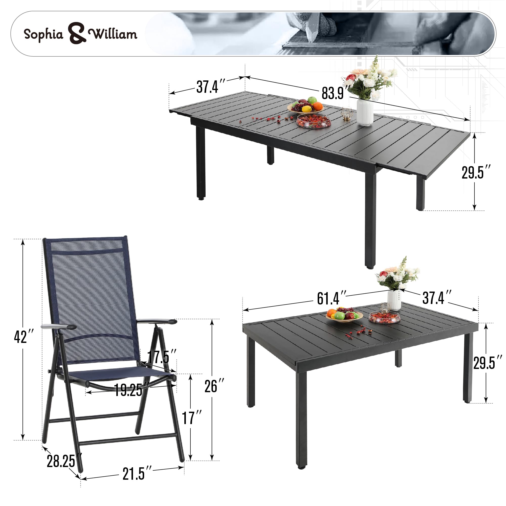 Sophia & William 8-Piece Expandable Outdoor Dining Set - Metal Patio Table & 8 Foldable Textilene Chairs in Blue | Perfect for Backyard BBQs, Poolside Gatherings & Garden Parties