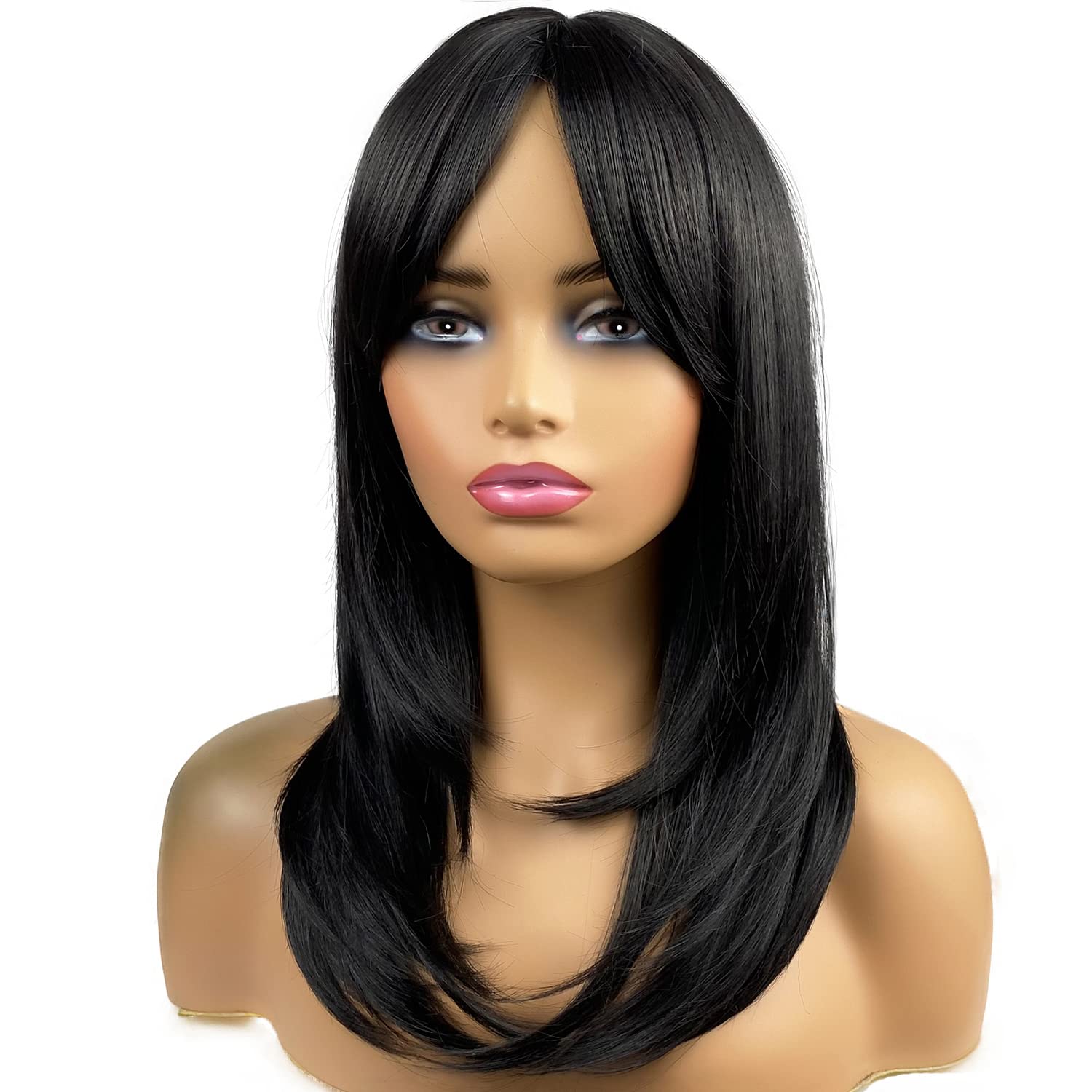 Long Black Wigs for Women - 20 Inch Shoulder Length Synthetic Wig with Bangs & Layers | Perfect for Daily Wear, Cosplay & Party Occasions