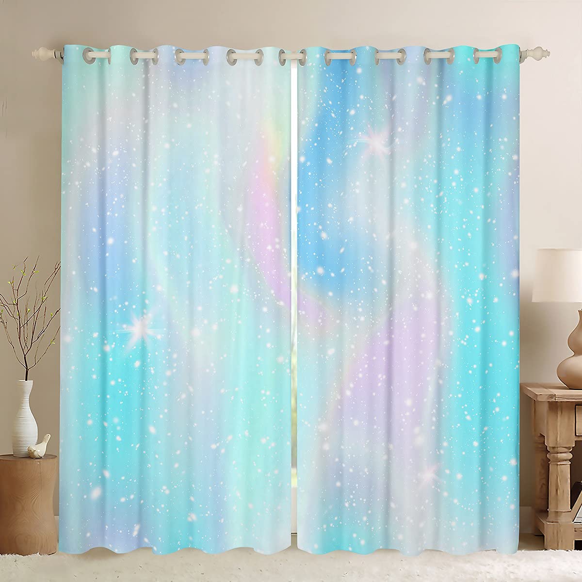 Rainbow Ombre Pastel Tie Dye Window Curtains - 2 Panels Set for Girls Room Decor (42