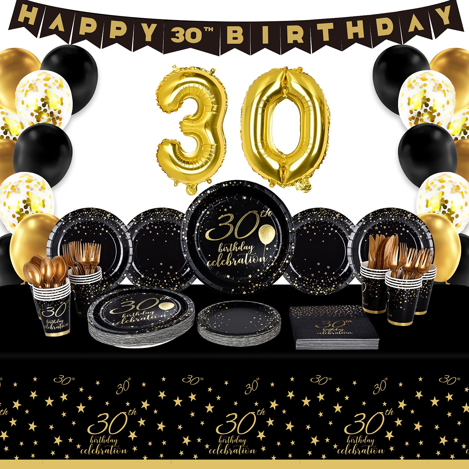 Gatherfun 30th Birthday Party Supplies Set - 30 Disposable Paper Plates, Napkins, Cups, Cutlery & Tablecloth - Black & Gold Decorations for Men & Women (Serves 25) - Perfect for Milestone Birthdays, Anniversary Celebrations & Themed Parties