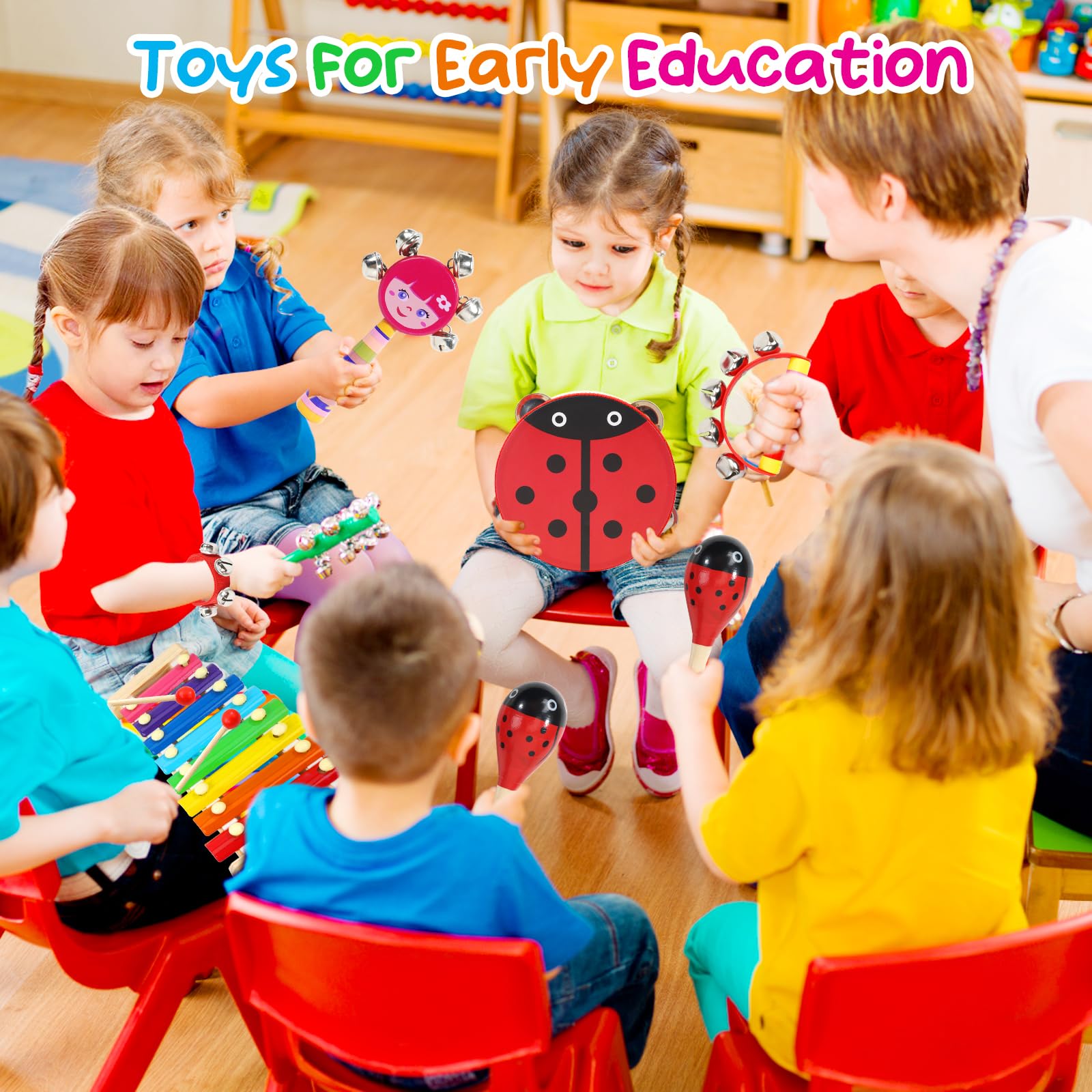 Raimy Kids Wooden Percussion Musical Instruments Set - Educational Toddler Music Toys for Boys & Girls with Carrying Bag (Red) | Preschool Learning, Birthday Gift & Early Childhood Development