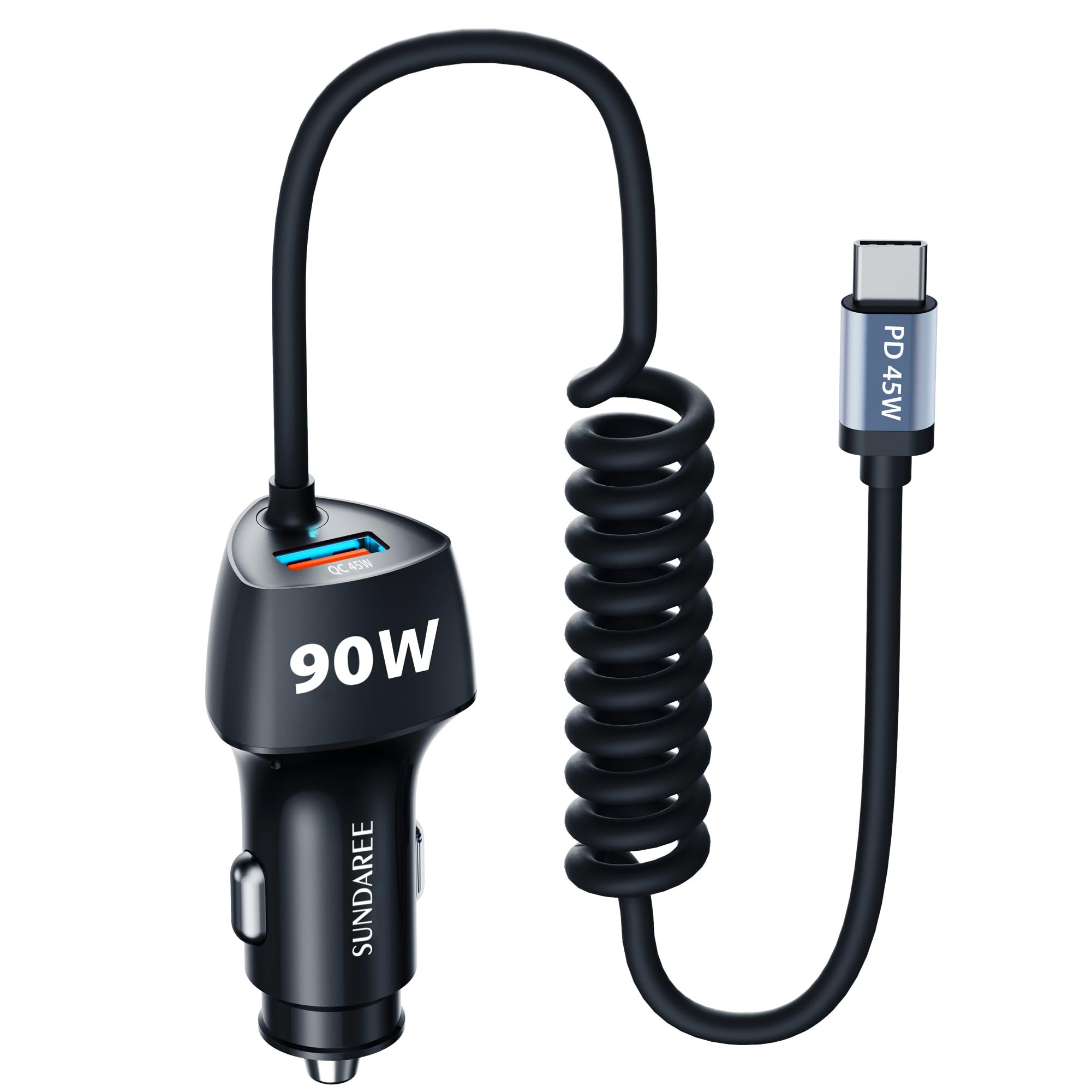 90W PD QC Car Charger USB C - Fast Charging Type C Adapter with 5.9FT Spiral Spring Cable for iPhone 16/Samsung A55 A15/POCO X6/Redmi Note 13/Google Pixel 8A/MacBook - Perfect for Road Trips, Commuting & Emergency Charging in Vehicles