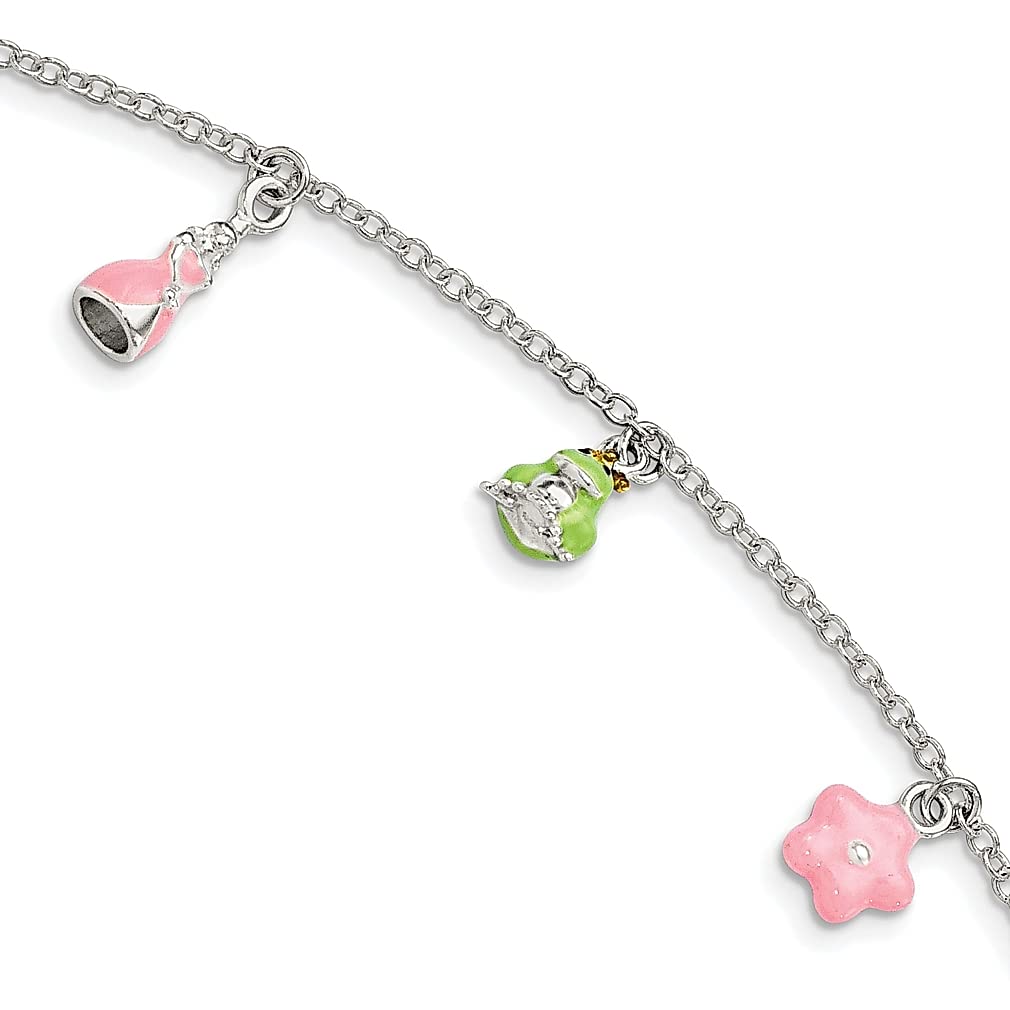 925 Sterling Silver Enameled Princess/Frog/Flower Charm Bracelet with 1.5in Extension - 5.5 Inch Adjustable Fine Jewelry for Women | Perfect Gift for Her, Birthday, Anniversary & Special Occasions
