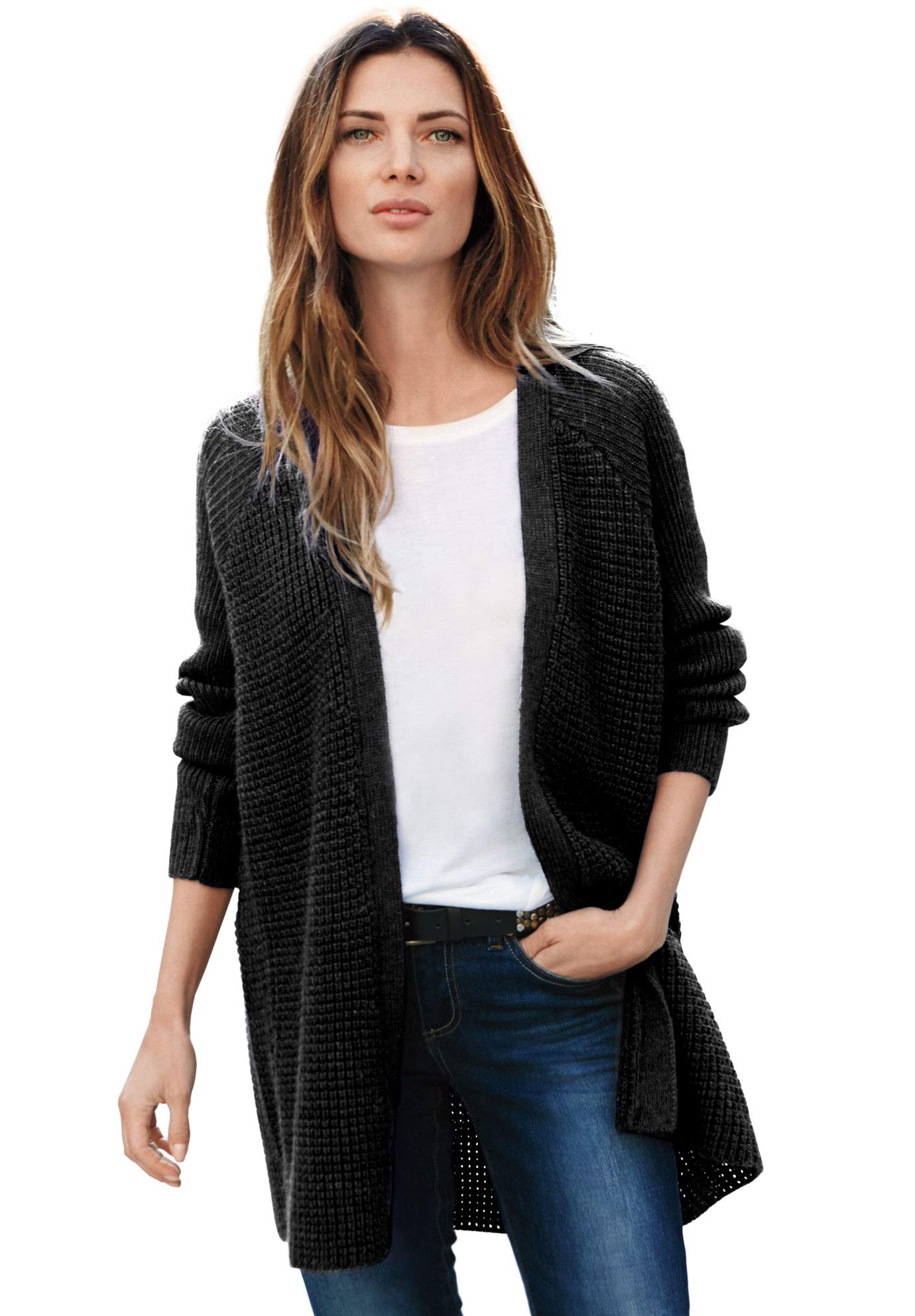 Ellos Women's Plus Size Open Front Waffle Cardigan - Oversized Long Lightweight Sweater for Lounge, Office & Casual Wear | Soft Knit Cardigan for Women