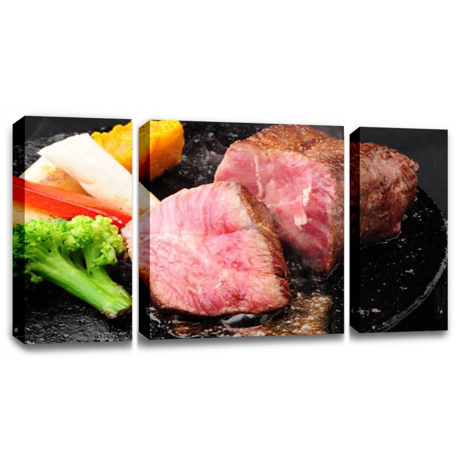 3-Piece Beef Steak on Iron Plate Canvas Wall Art - Kitchen Pictures Wall Decor, Food Prints on Stretched Framed Canvas - Ready to Hang for Restaurant & Home Dining Room Decor | Perfect for Restaurant Walls, Kitchen Backsplash & Dining Area Decoration