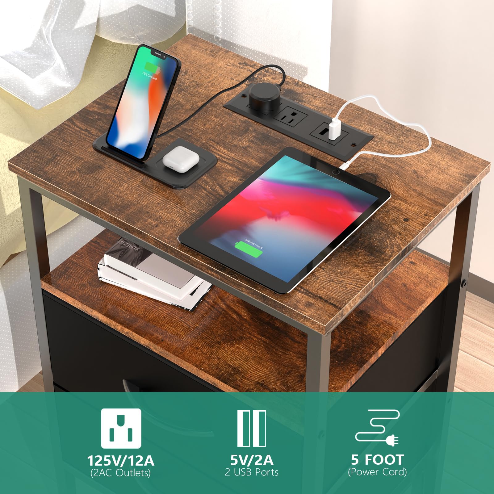Modern Nightstand with Charging Station - USB Ports & Outlets, LED Bedside Table with 3 Fabric Drawers & Storage Shelf - Stylish End Table for Bedroom (Black & Brown) - Perfect for Small Spaces, Apartments & Guest Rooms