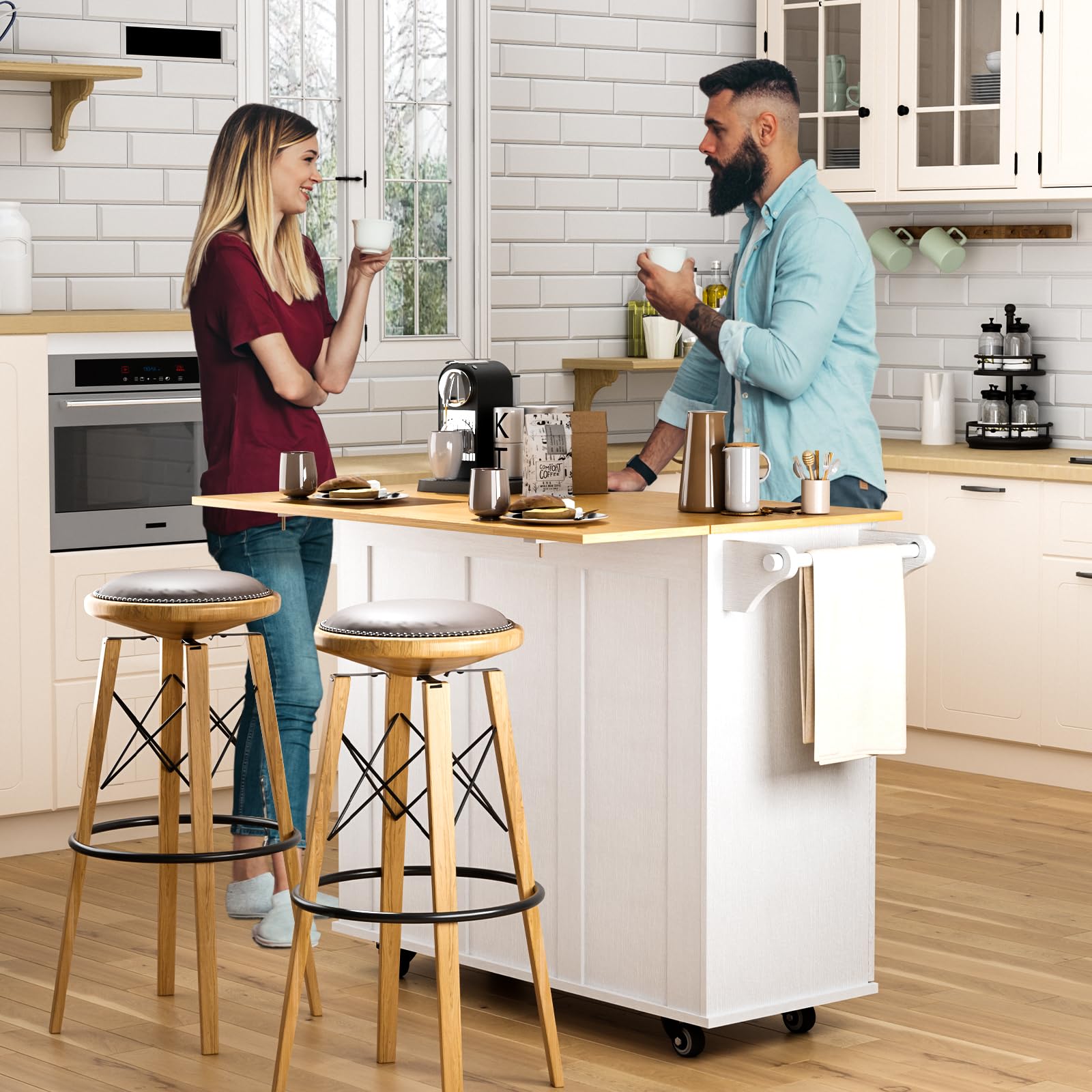 White Rolling Kitchen Island Cart with Drop Leaf, Storage Drawers & Spice Rack - Mobile Kitchen Organizer for Small Spaces, Dining Room & Apartment Cooking