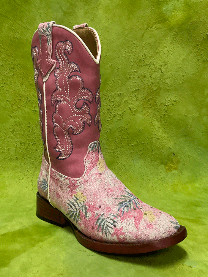 Roper Kids Glitter Floral Boots - Pink Cowgirl Boots for Girls, Sparkly Western Booties with Floral Design | Perfect for Dress Up, Parties & School Events