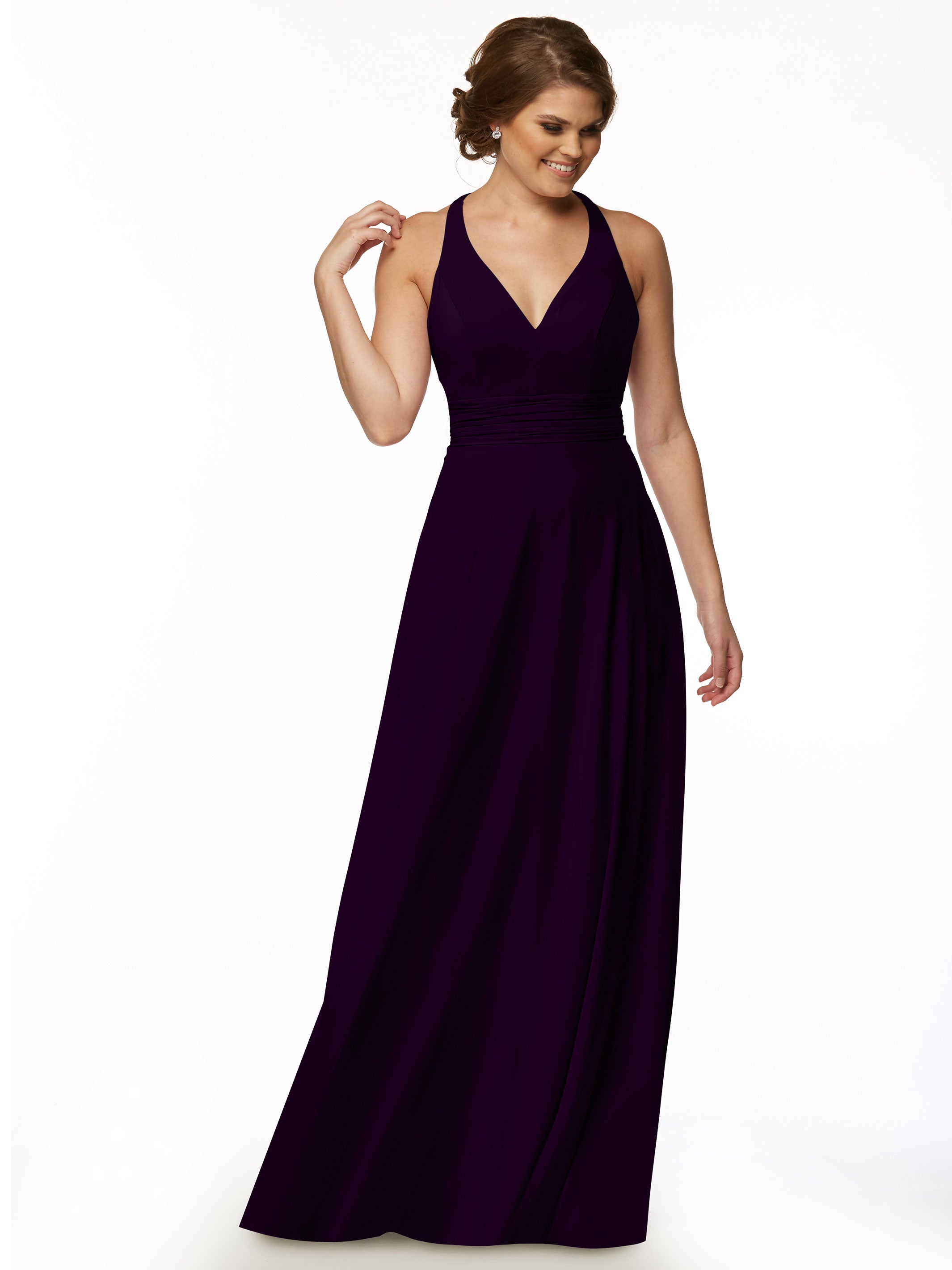 Elegant 80107 A-Line Stretch Chiffon Bridesmaid Dress with Halter V-Neck - Perfect for Weddings, Formal Events & Special Occasions