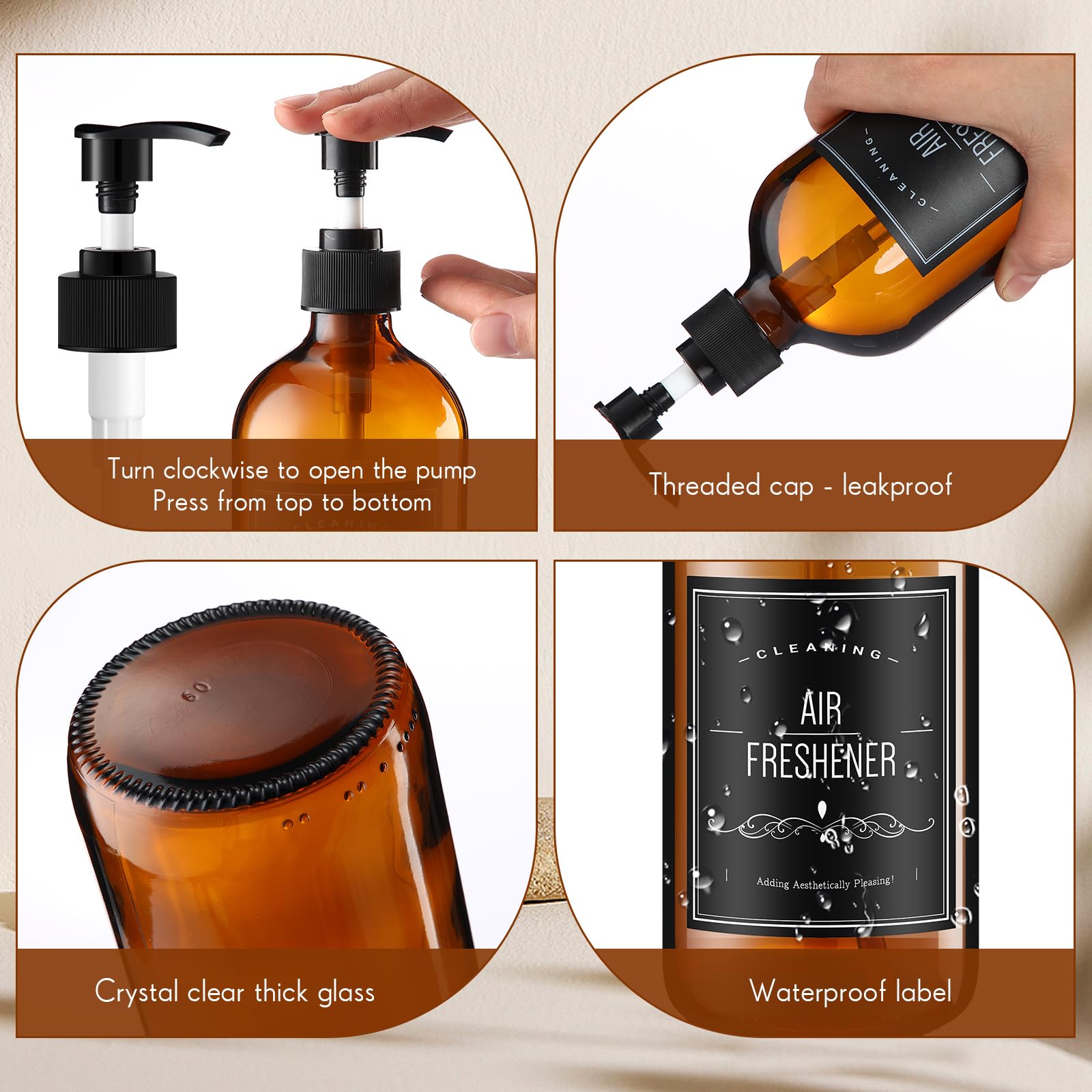 Queekay 12 Pack 16.9oz Amber Refillable Glass Bottles with Black Lotion Pumps - Reusable Shampoo, Conditioner & Soap Dispensers (Includes 2 Funnels & 12 Labels) - Perfect for Bathroom Organization, DIY Beauty Products & Eco-Friendly Home Storage