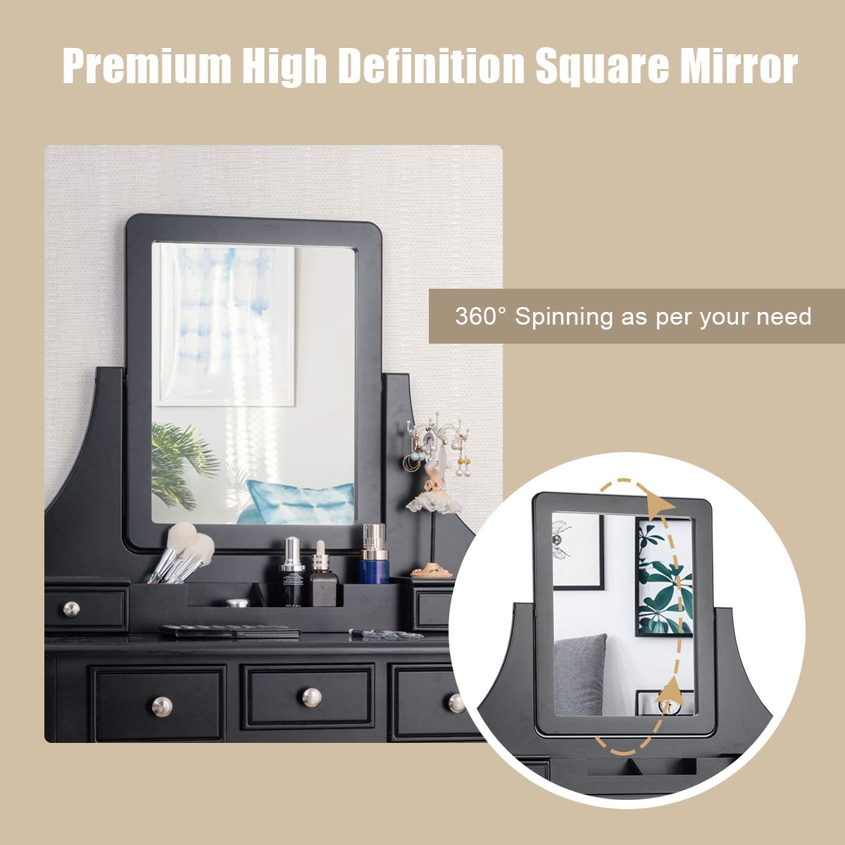 Charmaid Vanity Makeup Table Set with Mirror & Cushioned Stool - 5-Drawer Dressing Table with Removable Storage Organizers - Elegant Black Makeup Vanity for Women & Girls - Perfect for Bedroom, Dorm Room & Beauty Salon