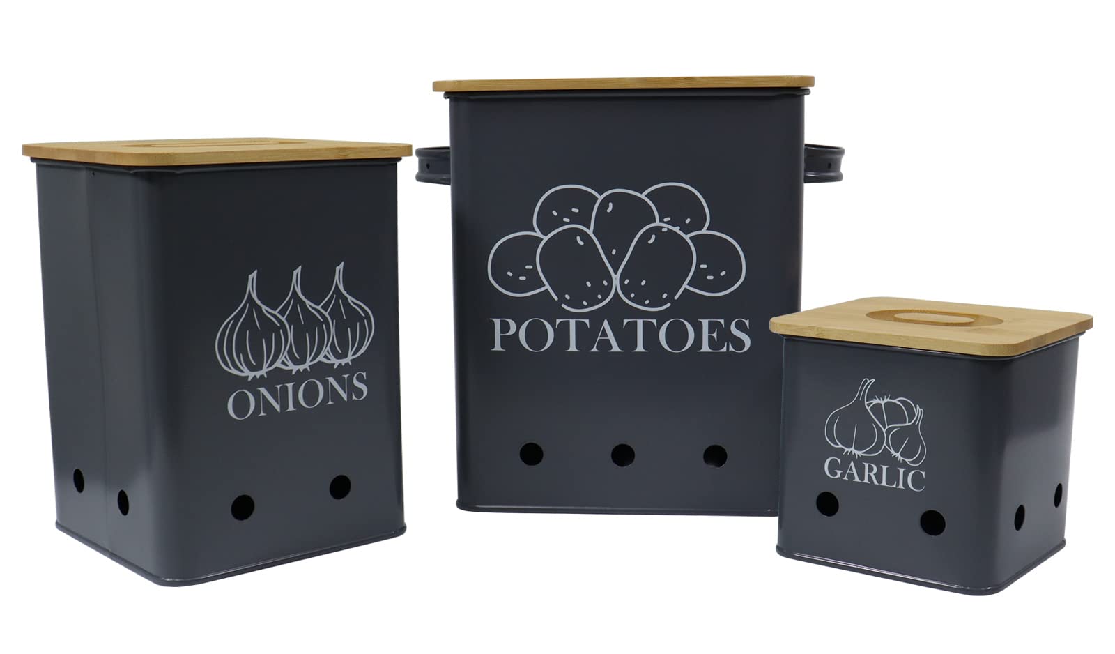Premium 3-Pack Kitchen Canisters Set for Potato, Onion & Garlic Storage - Airtight Countertop Containers with Wooden Lid & Ventilation Holes (Gray) - Perfect for Pantry Organization, Fresh Produce Storage & Rustic Kitchen Decor