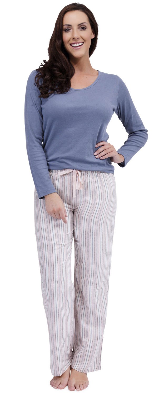 Tom Franks Women's Cotton Rich Long Sleeve Pajama Set with Striped Pants - Soft & Comfortable Sleepwear for Lounge, Travel & Relaxation at Home