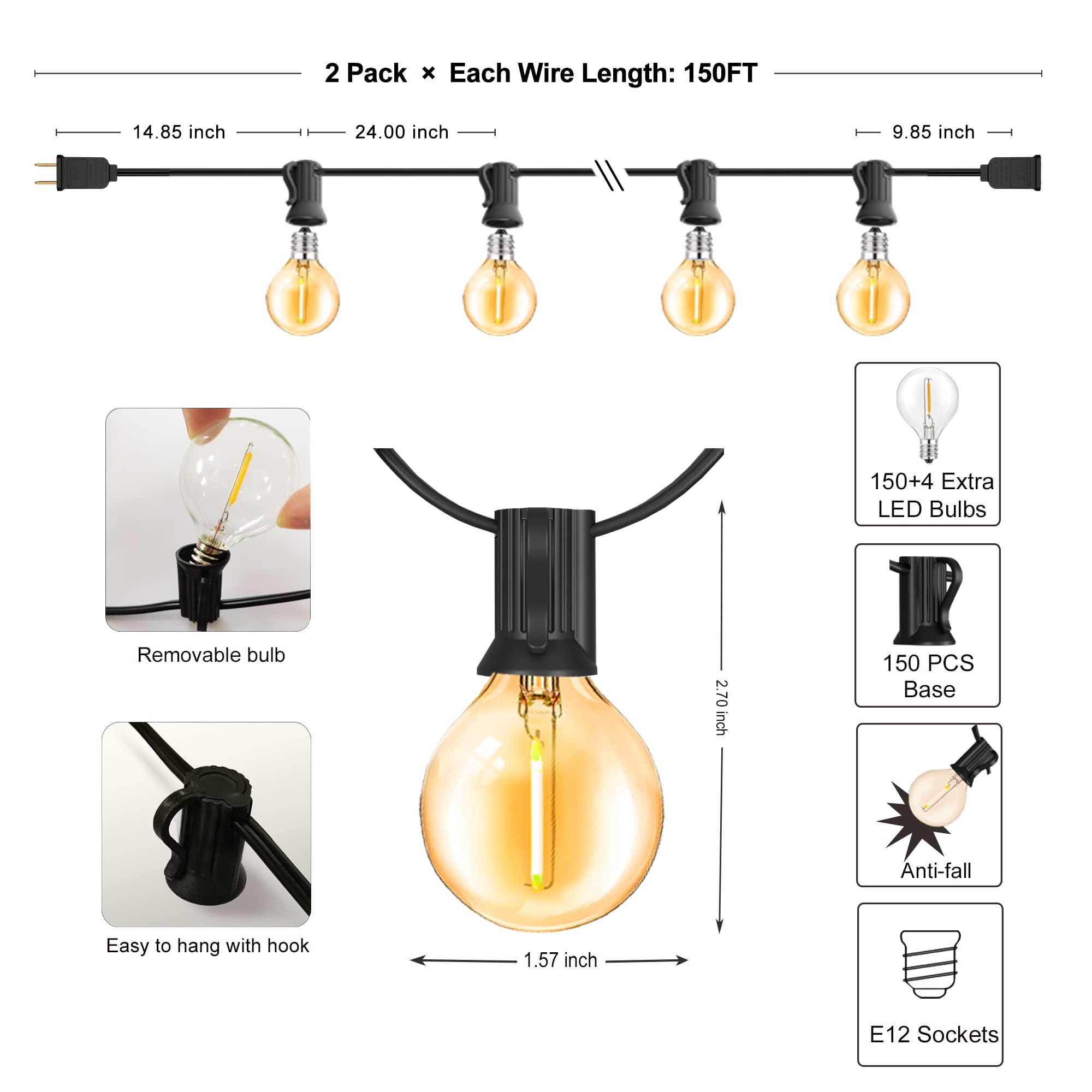 DAMAING 300FT Outdoor String Lights - 150+4 Shatterproof G40 LED Bulbs, Waterproof & Dimmable Connectable Patio Lights for Backyard, Gazebo, Bistro, Wedding & Party Decor (2-Pack x 150FT) - Perfect for Creating Cozy Ambiance in Gardens, Restaurants and Outdoor Events