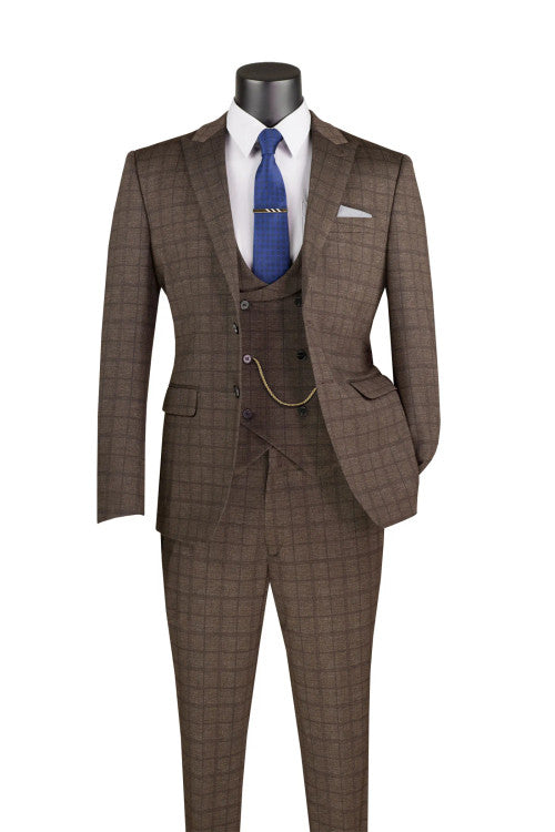 Milano Slim Fit 3-Piece Men's Vested Suit Set - Super Stretch Brown Fabric | Business Attire, Wedding & Formal Occasions
