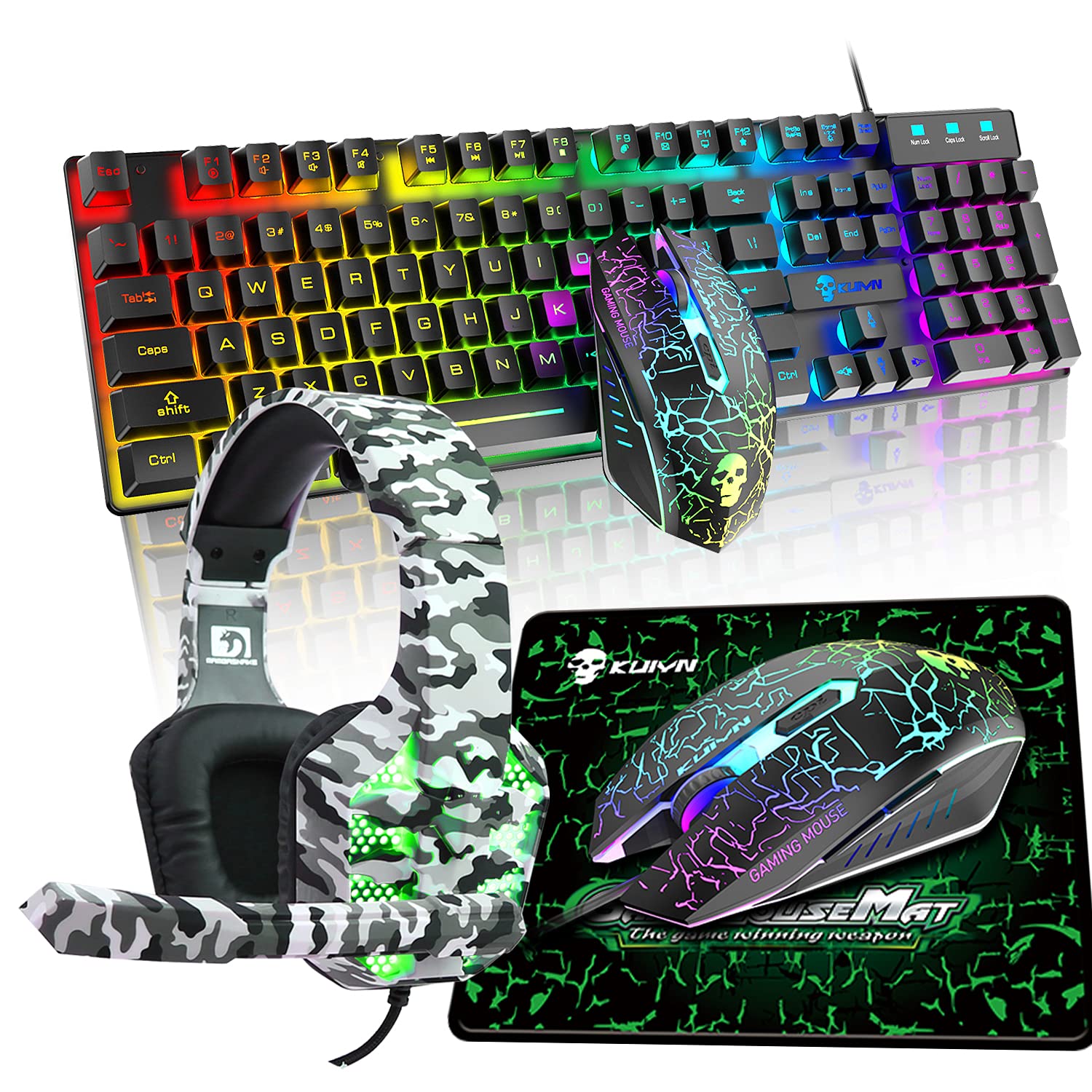 XINMENG 4-in-1 RGB Gaming Keyboard, Mouse & Headset Combo - Rainbow LED Backlit Mechanical Keyboard, Ergonomic Gaming Mouse & 3.5mm Stereo Camouflage Headphones for PC, Laptop - Perfect for Fortnite, Call of Duty & Esports Gaming