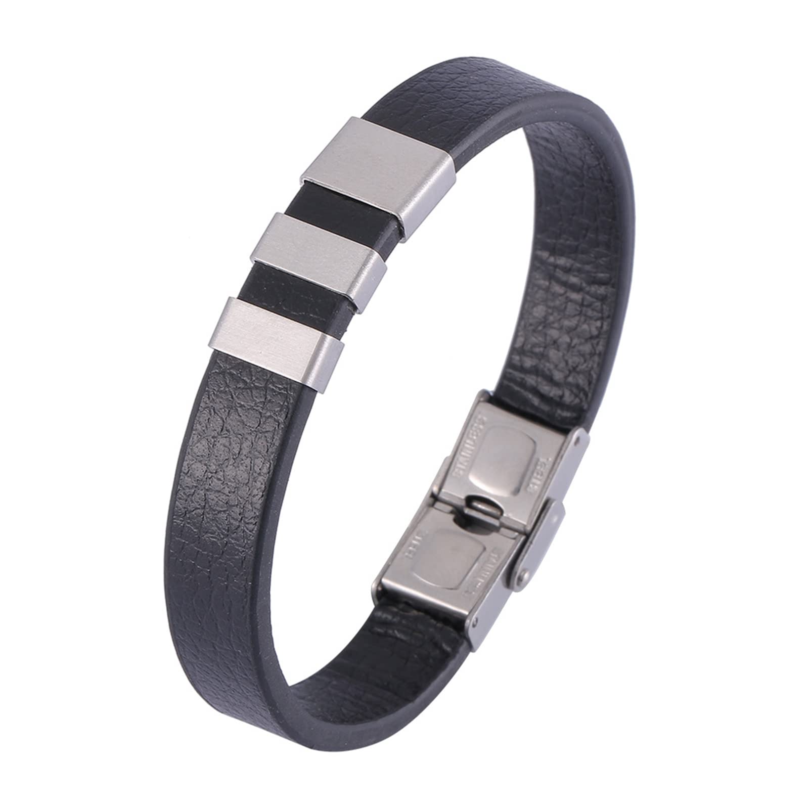 Men's Leather Cuff Bracelet - Stainless Steel & Silver for Casual Wear