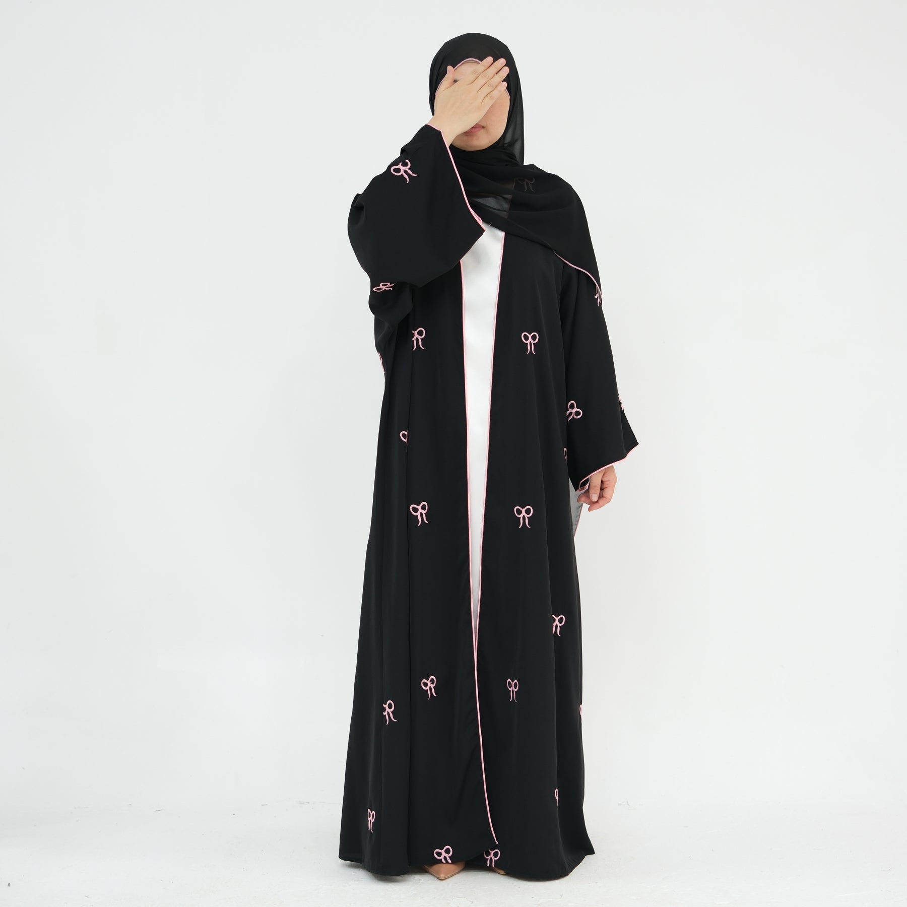 Elegant Iona Bowtie Open Abaya Kimono Set - Black | Modest Muslim Fashion for Women | Perfect for Prayer, Eid, and Special Occasions
