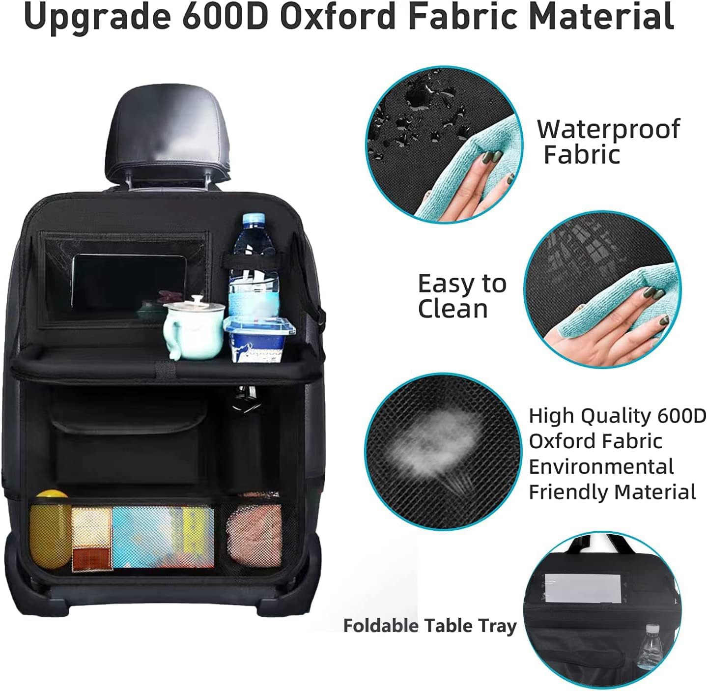 2-Pack Car Backseat Organizer with Foldable Table Tray & Tablet Holder - Waterproof Seat Back Protectors & Kick Mats for Kids - Perfect for Road Trips, School Commutes & Family Travel Accessories