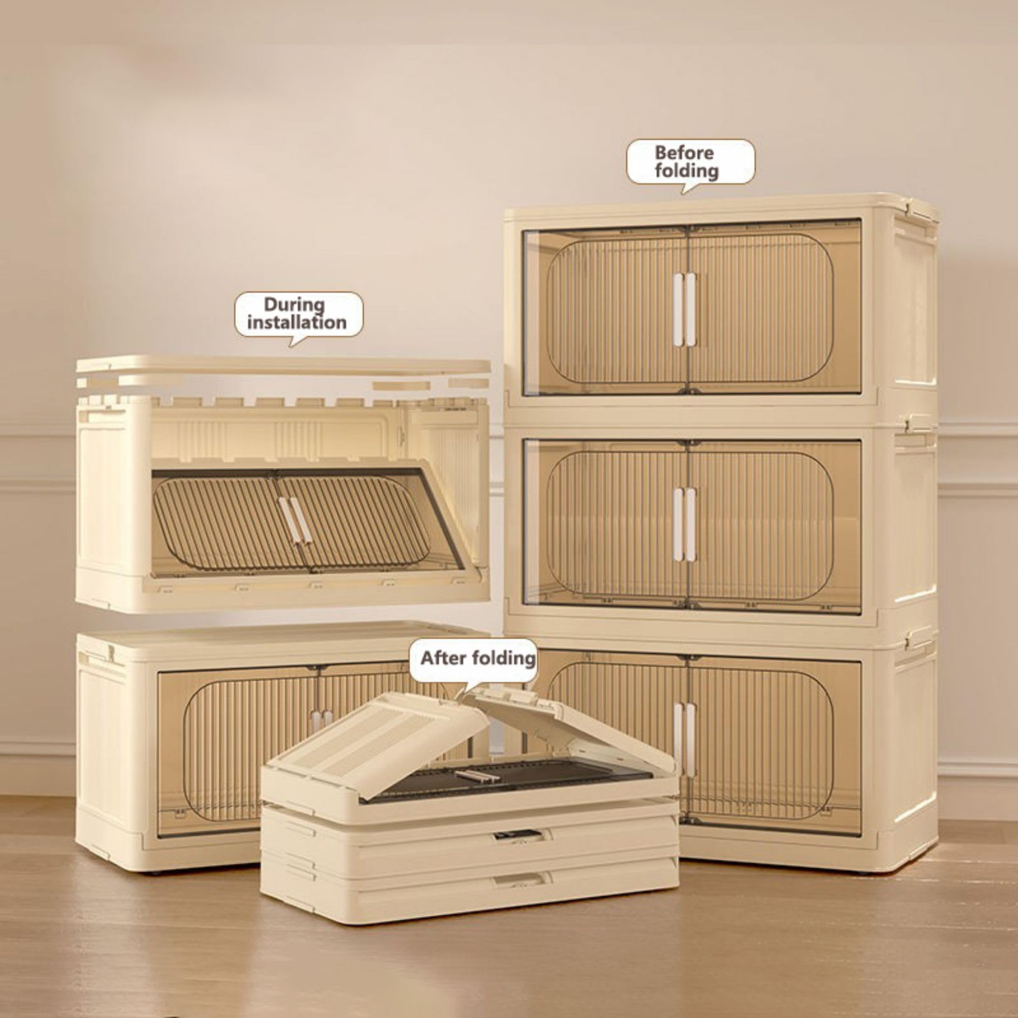 Holaki 5-Tier Stackable Storage Bins with Lids - Collapsible Closet Organizer with Wheels & Magnetic Door - White Plastic Storage Cabinet for Home, Office, and Garage Organization