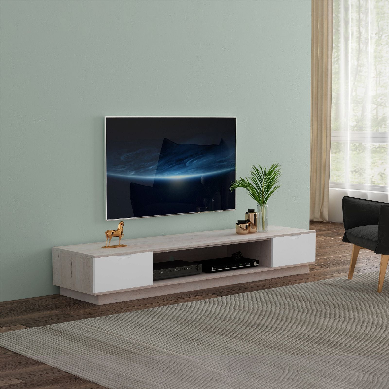 TAURIS RIO2200LL Solid Oak Entertainment Center - Modern TV Stand with Storage for Living Room, Bedroom & Home Theater