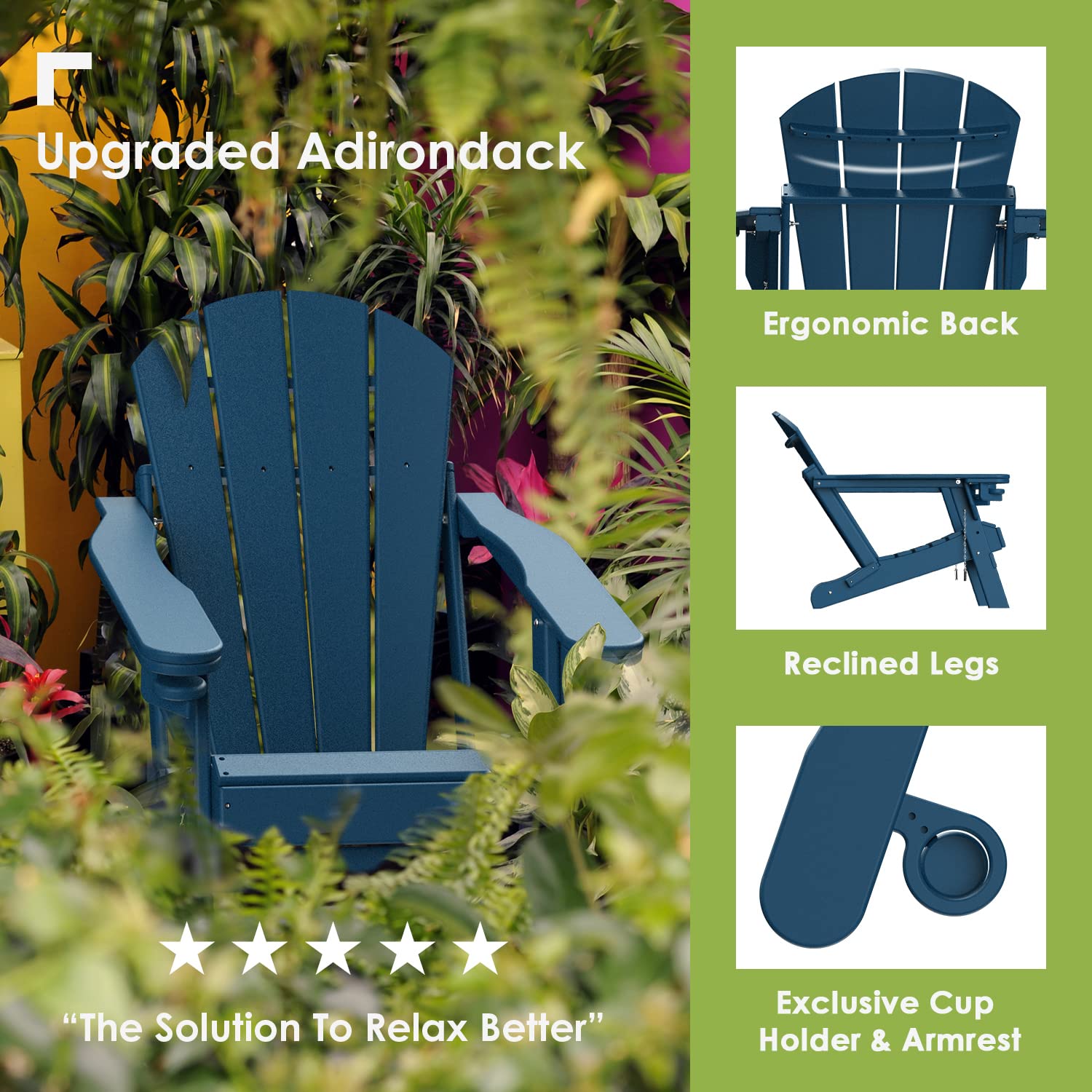 Premium Folding Adirondack Chair with Ottoman & Retractable Footrest - All-Weather HDPE Plastic Outdoor Lounge Chair - Blue Fire Pit Chair with Cup Holders - Perfect for Poolside, Patio, Garden & Backyard Relaxation