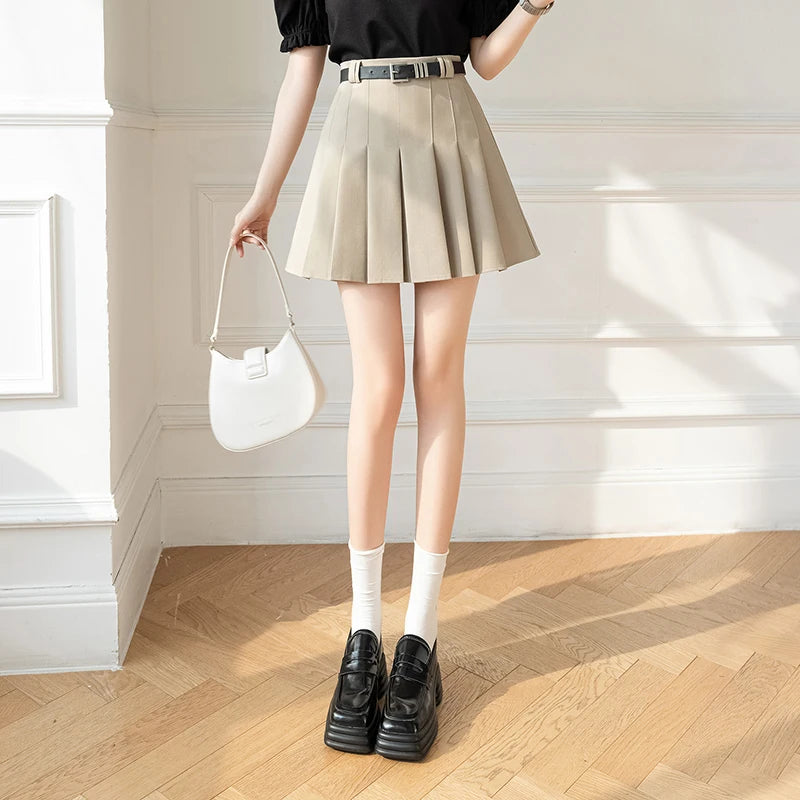 Stylish Black Pleated High Waist Mini Skirt for Women - Summer A-Line Slim Fit Belted Skirt in Grey & Khaki | Perfect for Casual Outings, Date Nights & Office Wear